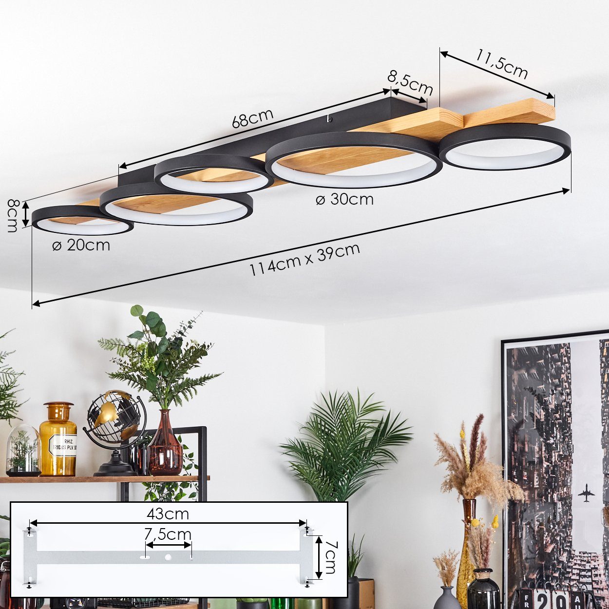 hofstein Deckenleuchte »Caces« dimmbare Deckenlampe aus Metall/Holz in Schwarz/Natur/Weiß, 3000 Kelvin – Bild 4 von 5