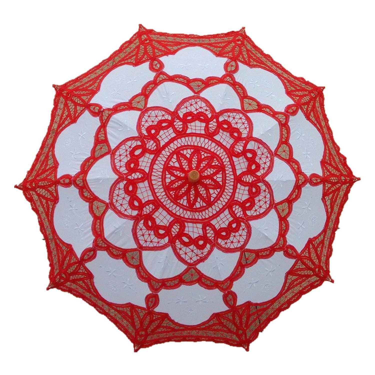 LuxusKollektion Stockregenschirm Sonnenschirm Spitze Rot-Weiß Hochzeit