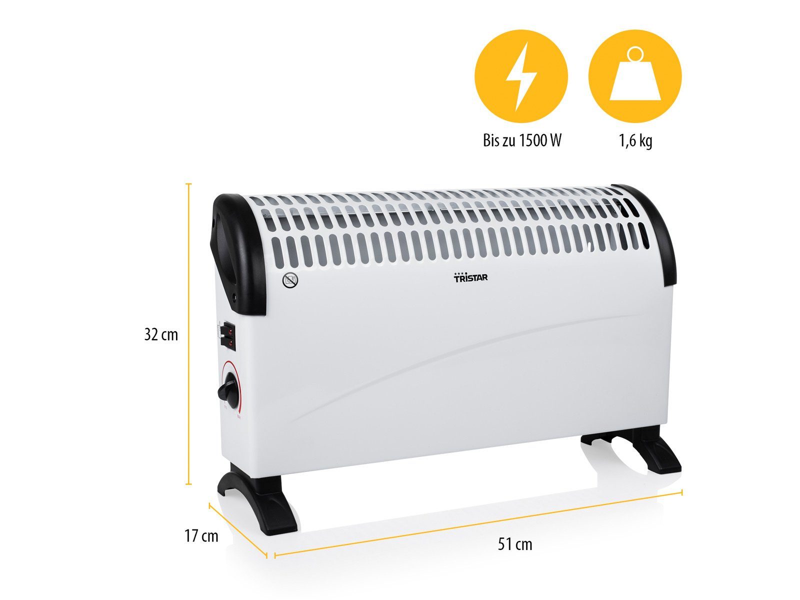 Tristar Konvektor, 1500 W, Zusatz-Heizung Elektroheizer mobiles Heizgerät Heizkonvektor für 20m²