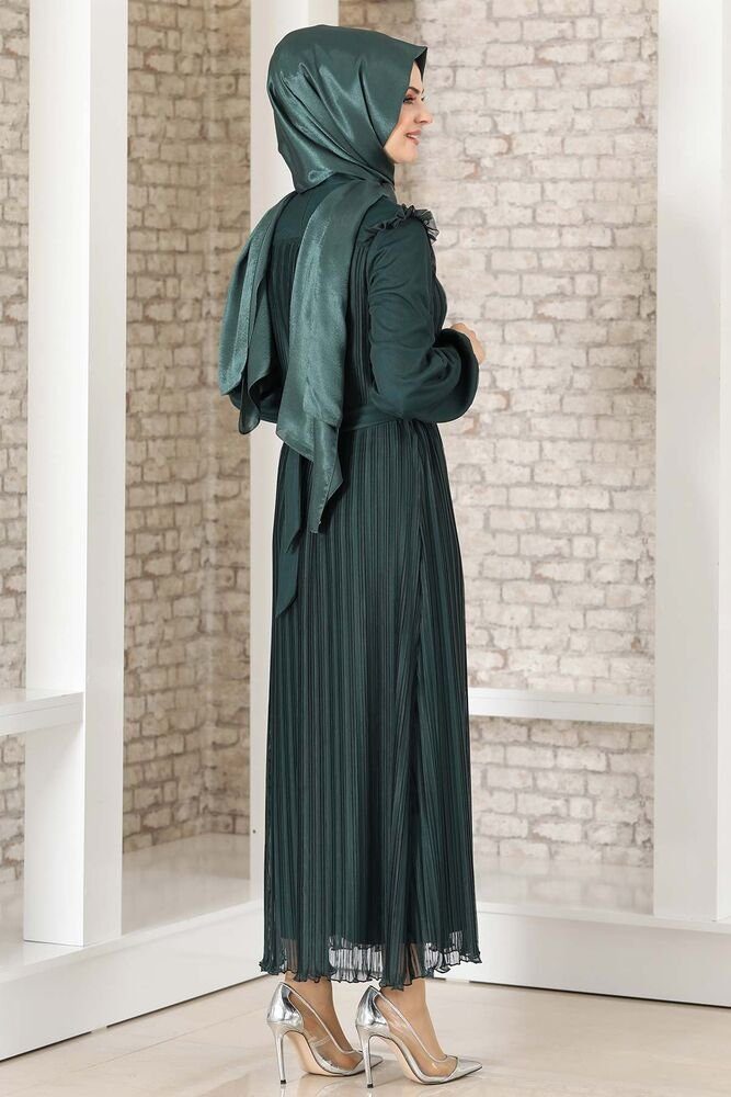 Kleid Damen mit Falten-Optik Abiye Smaragd-Grün Kleid Schulterdetail, Modavitrini Abendkleid Lady Abaya Hijab Schulterdetail