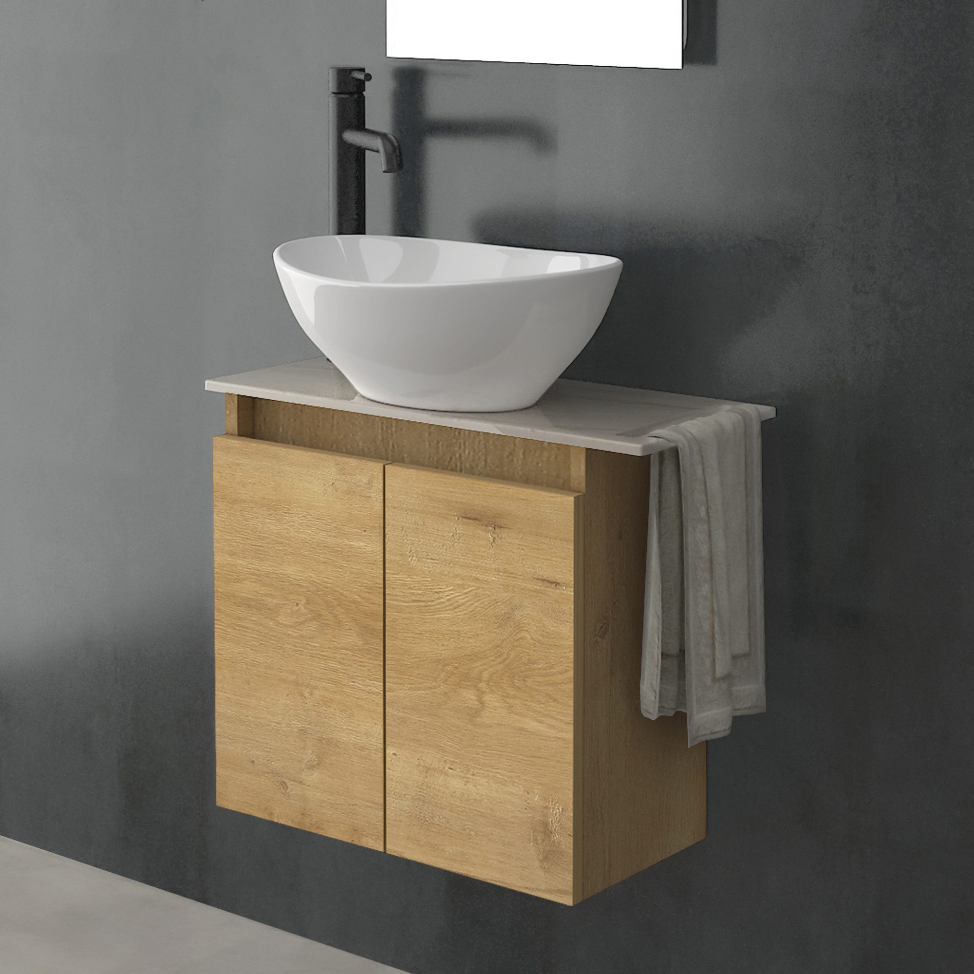 Alpenberger Waschtisch Aufsatzwaschbecken mit Unterschrank, WC Waschbecken mit Unterschrank (Waschtisch mit Unterschrank hängend, Waschtischplatte mit Waschbecken), MDF/MFC Waschbeckenunterschrank in Eiche Natur