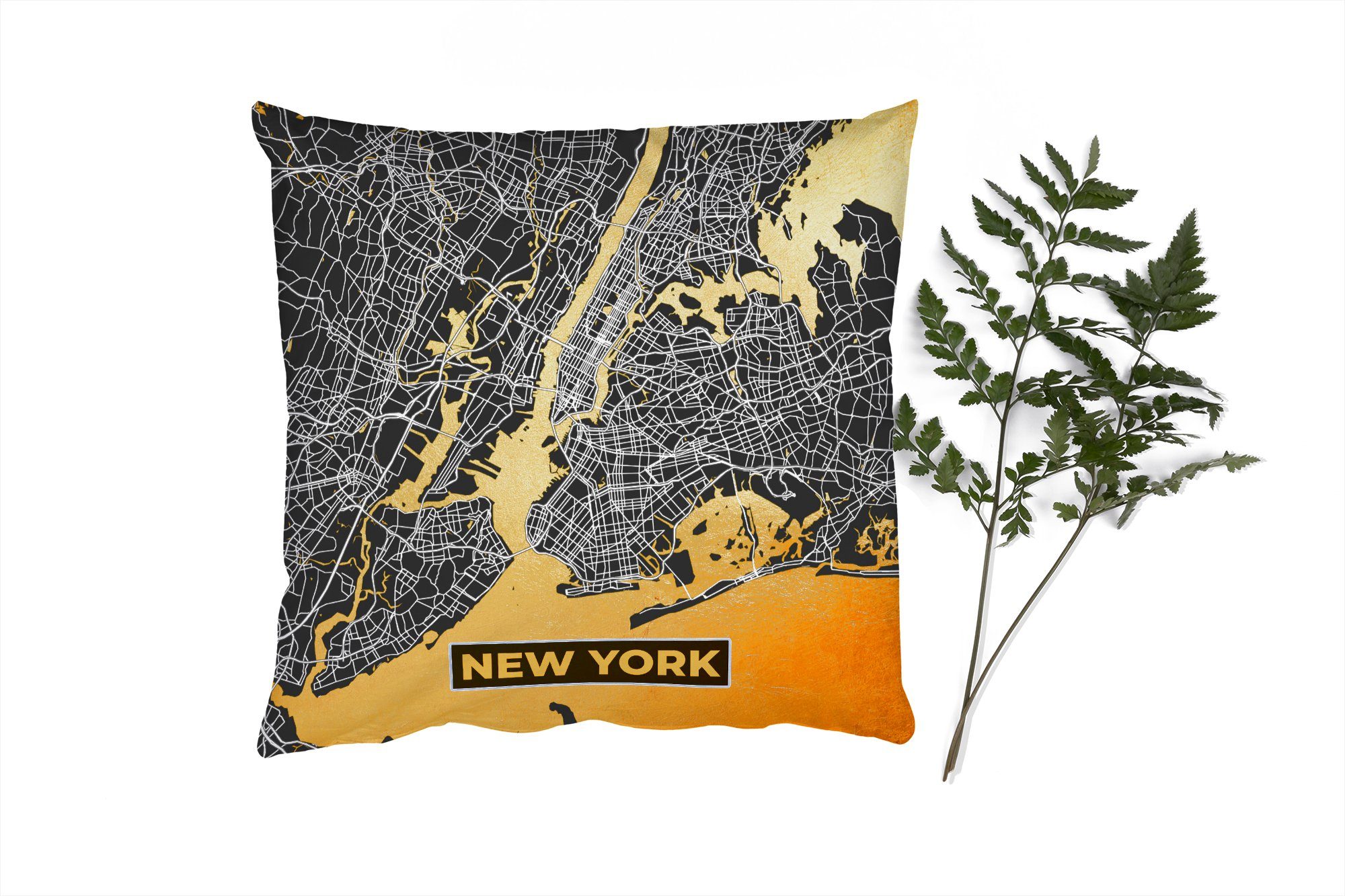 MuchoWow Dekokissen Gold - Stadtplan - New York - Karte, Zierkissen mit Füllung für Wohzimmer, Schlafzimmer, Deko, Sofakissen