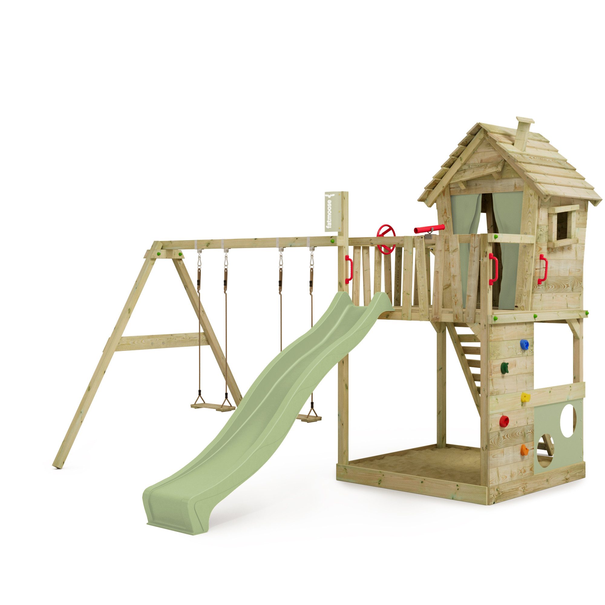 FATMOOSE Spielturm Stelzenhaus HappyHome mit Schaukel & Rutsche und Spielhaus, 10-jährige Garantie*, Torwand, integrierter riesiger Sandkasten