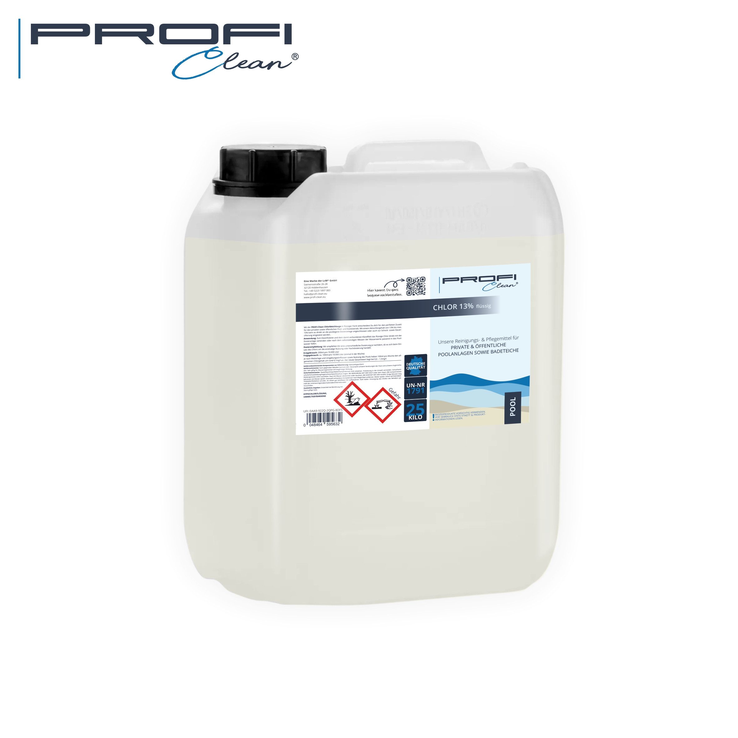 PROFI-clean® Poolpflege Chlor 13% Aktivchlor Flüssig im 25 Kg Kanister