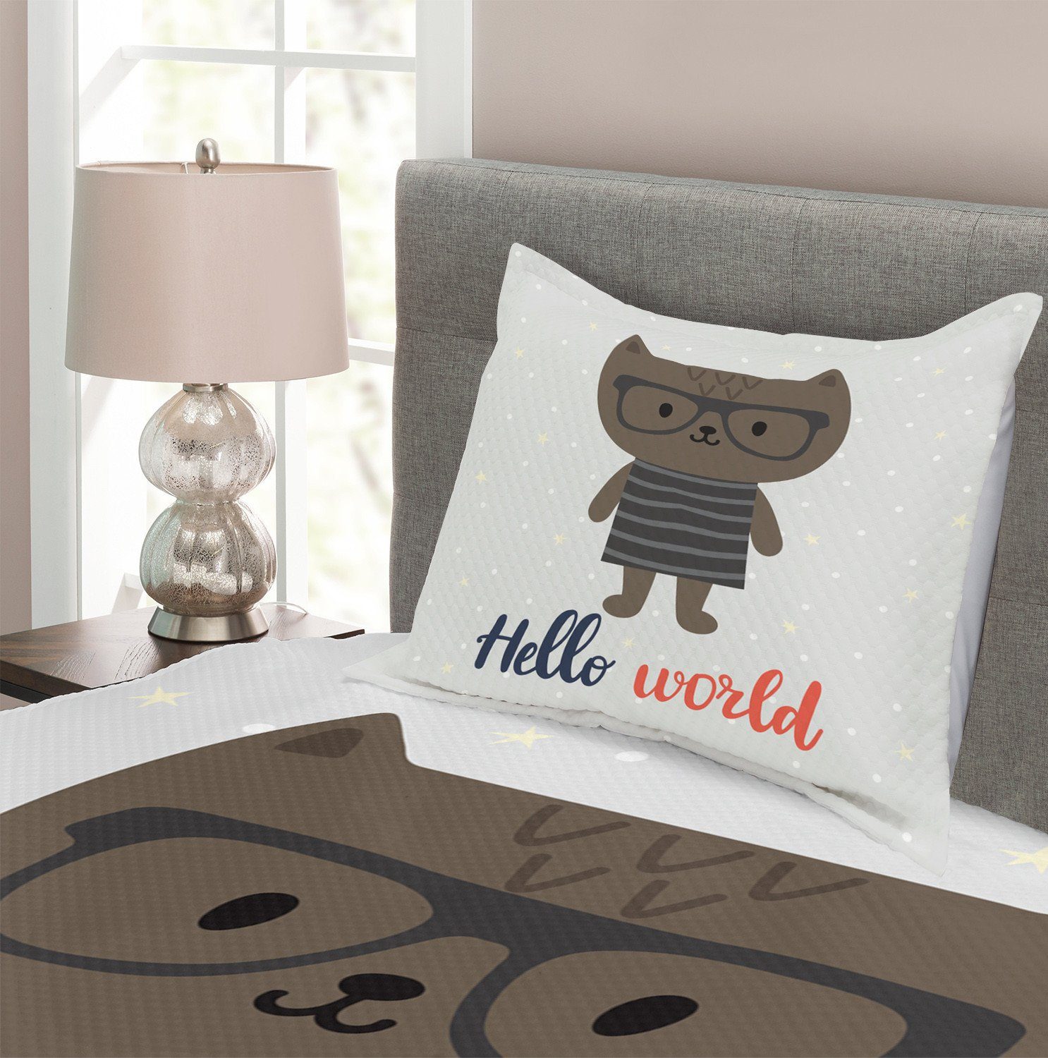 Tagesdecke Set Welt Cartoon-Katze Hallo Kissenbezügen Zitat Waschbar, Abakuhaus, mit