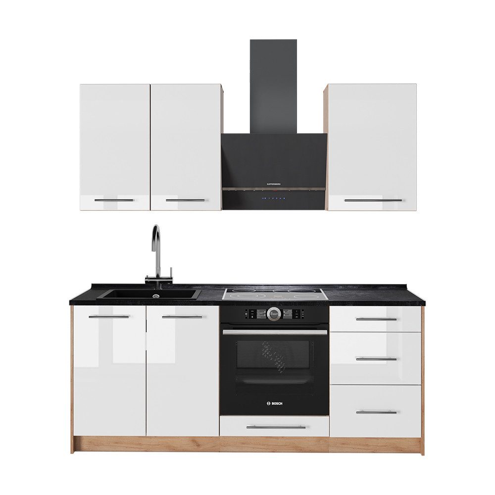 Vicco Küchenzeile Fame-Line, Weiß Hochglanz/Goldkraft Eiche, 190 cm ohne Arbeitsplatte
