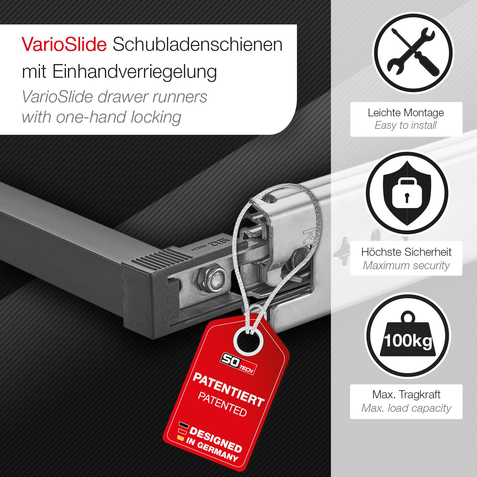 SO-TECH® Auszug VarioSlide bis 100 kg, mit Verriegelung, einhändig bedienbar (Set), Vollauszug 60 cm Breite, 30 cm Tiefe, ohne Front schwarz