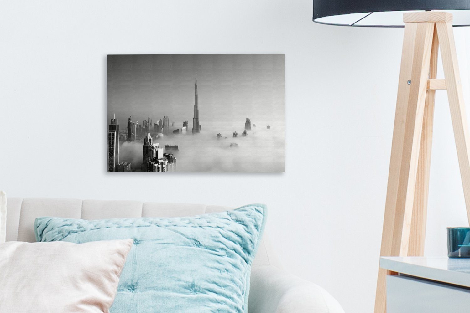 unter Nebliger cm 30x20 Wanddeko, Aufhängefertig, Burj OneMillionCanvasses® dem Leinwandbild Morgen (1 in Leinwandbilder, Dubai Khalifa Wandbild weiß, schwarz - St), und