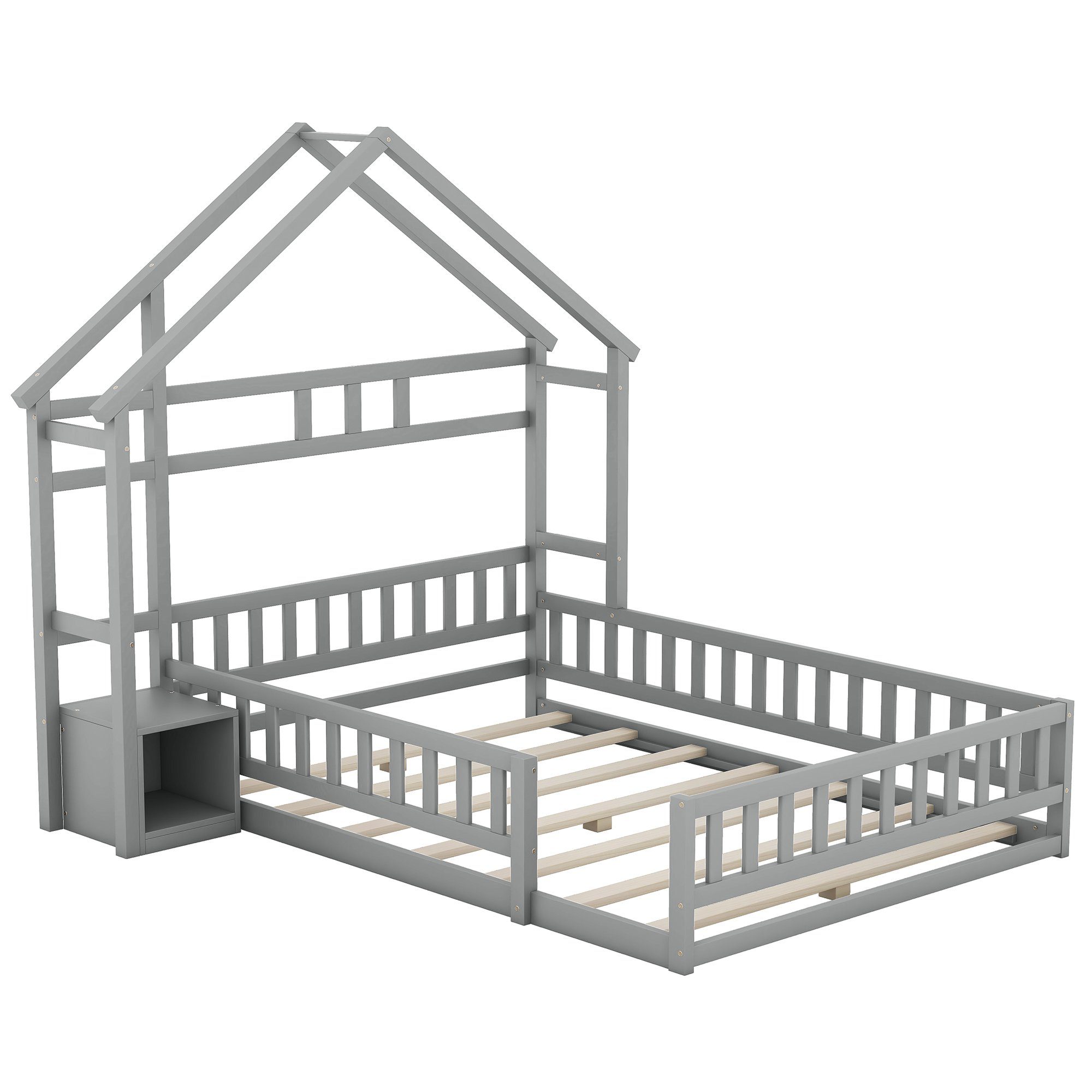 200cm, Hausbetten (Flachbetten140 x Funktionsbett ohne Geländer Matratze Kinderbett Nachttischen), Grau OKWISH mit Holzbett