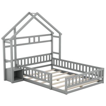 OKWISH Kinderbett Holzbett Funktionsbett Hausbetten (Flachbetten140 x 200cm, mit Geländer Nachttischen), ohne Matratze