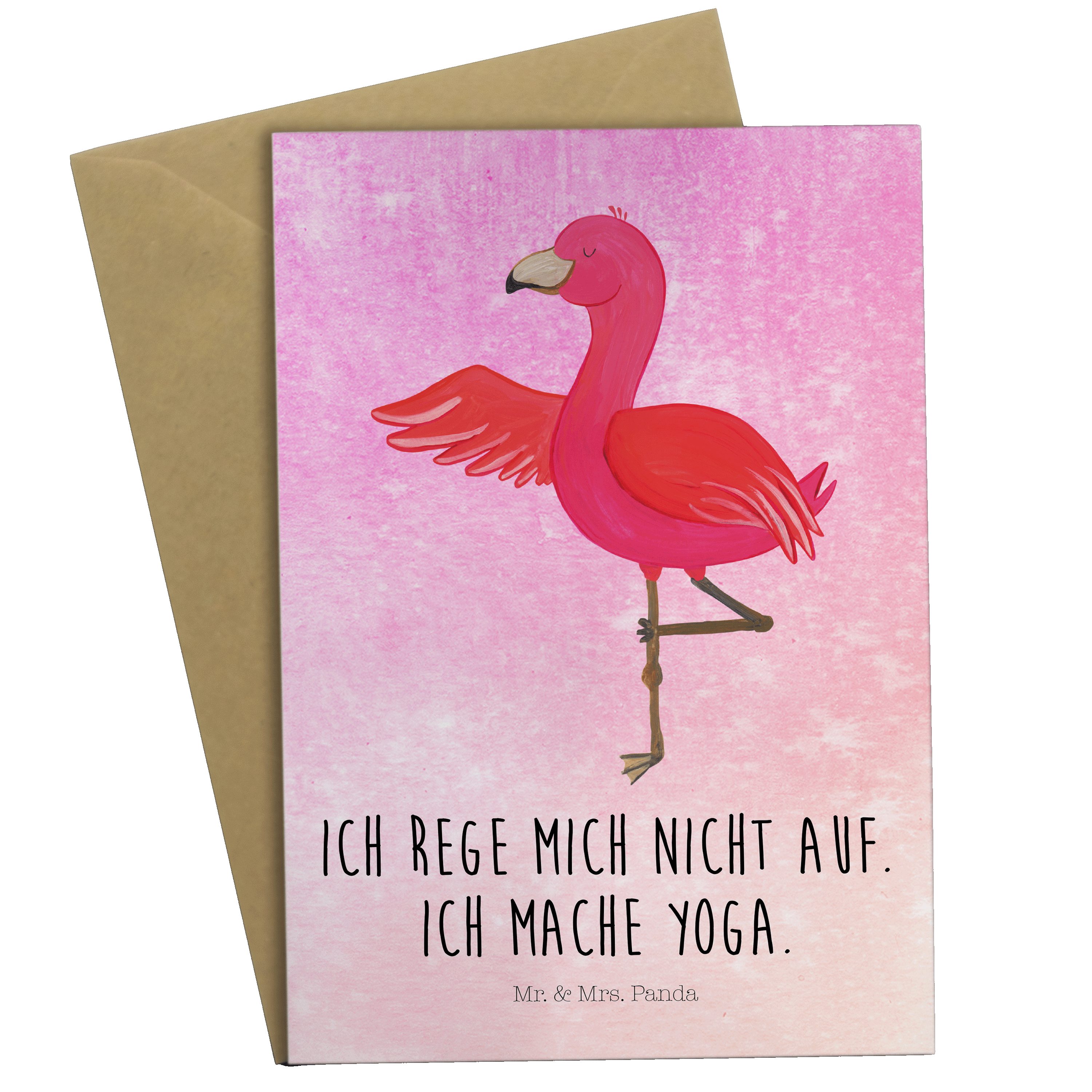Mr. & Mrs. Panda Grußkarte Flamingo Yoga - Aquarell Pink - Geschenk, Glückwunschkarte, Rosa, Kla