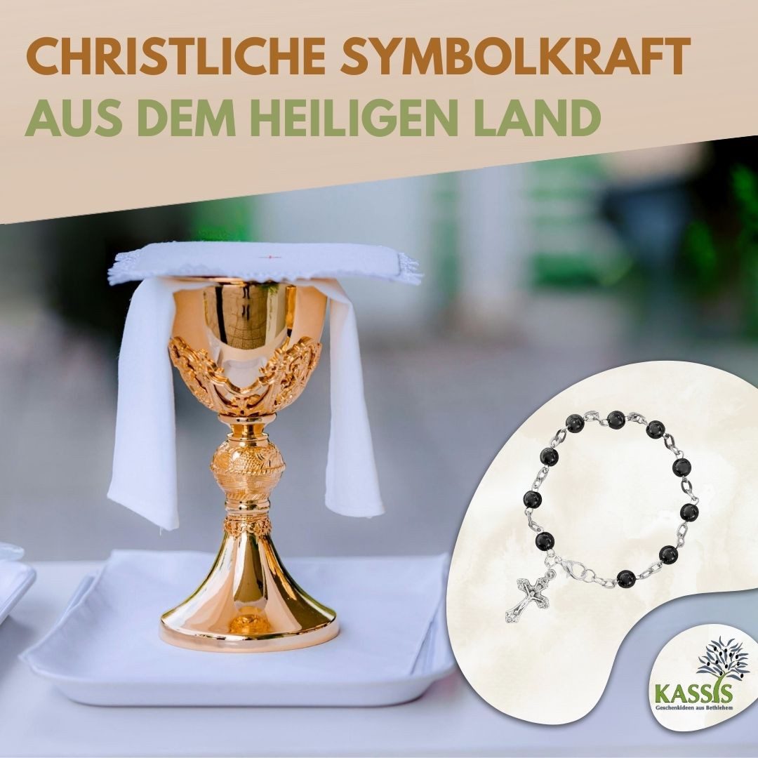 Kassis Geschenkartikel Armband mit runden Hämatit-Perlen Gebetskette Talisman Glücksbringer, handgefertigt in Bethlehem, Geschenk zu Taufe Kommunion Firmung – Bild 5 von 5