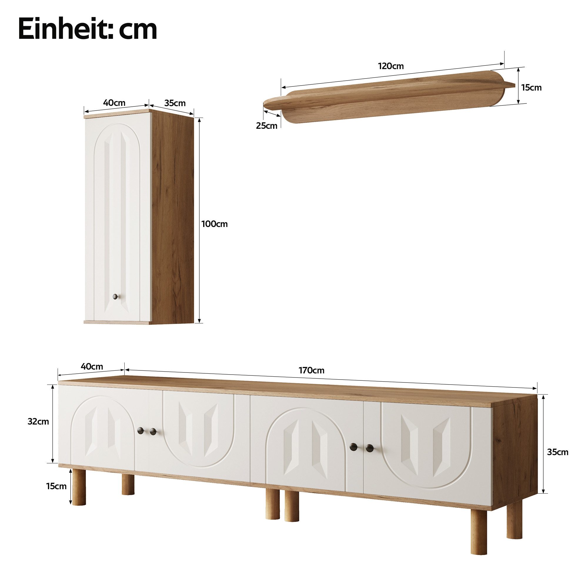 Merax Wohnwand Larona Set 3 Teilig, in Weiß & Naturholz, (3-St., TV-Schrank, Vitrine & Wandboard), 3-teilige Wohnwand mit Geschnitzte Türen, Massivholzbeine & S – Bild 5 von 5