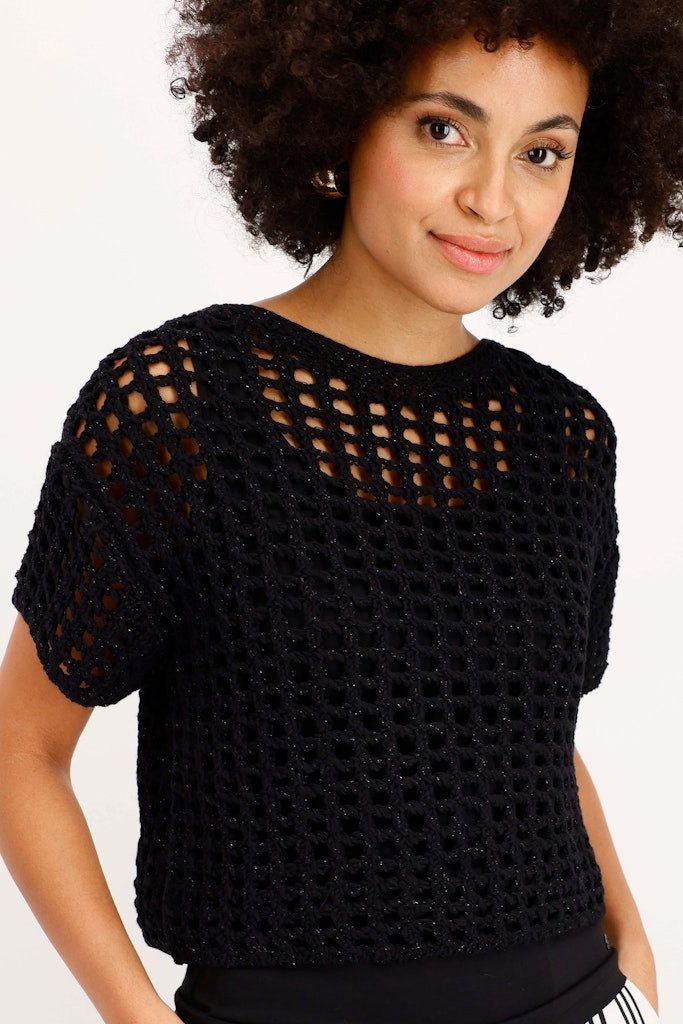 Monari Kurzarmshirt Ajour-Kurzarm-Pullover mit Lurex schwarz günstig online kaufen