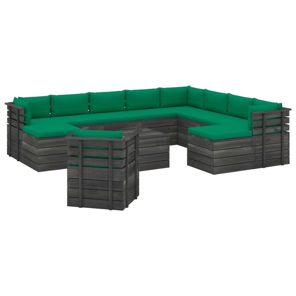 Paletten (12-tlg) vidaXL Gartenlounge-Set 12-tlg. aus Grün Kissen mit Garten-Sofagarnitur Kiefernholz,