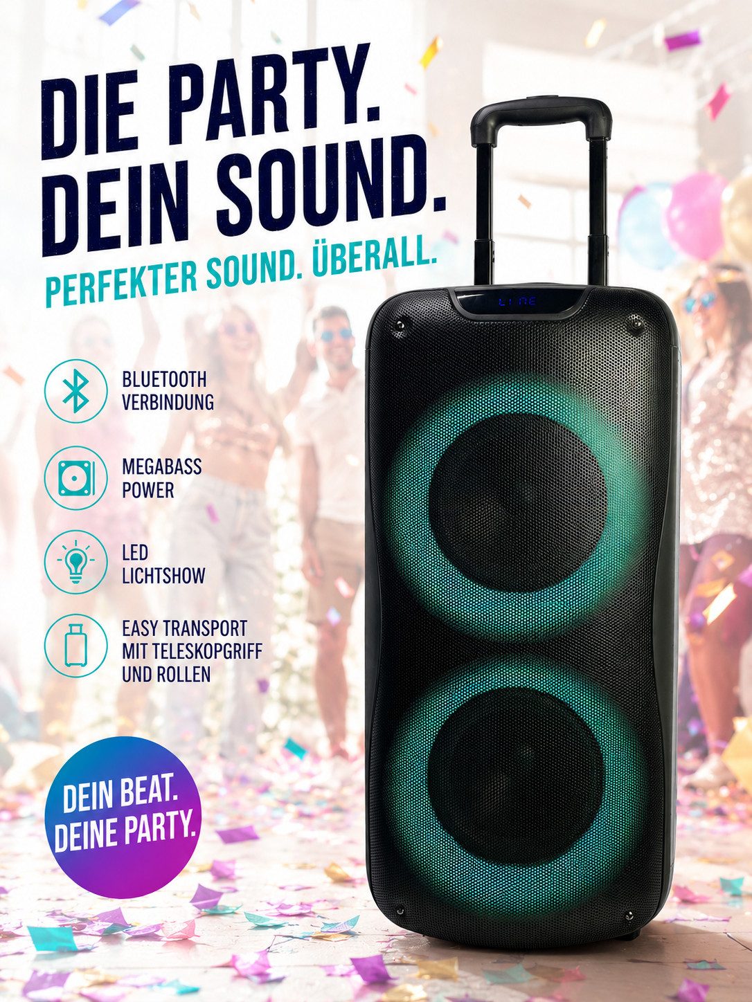 JTC24 Mobiler Party Lautsprecher PB-829C mit LED, 600W, Trolleyfunktion Party-Lautsprecher (Bluetooth, 40 W, 600 Watt, Bluetooth, USB, AUX, microSD, Mega Bass, LED Licht)