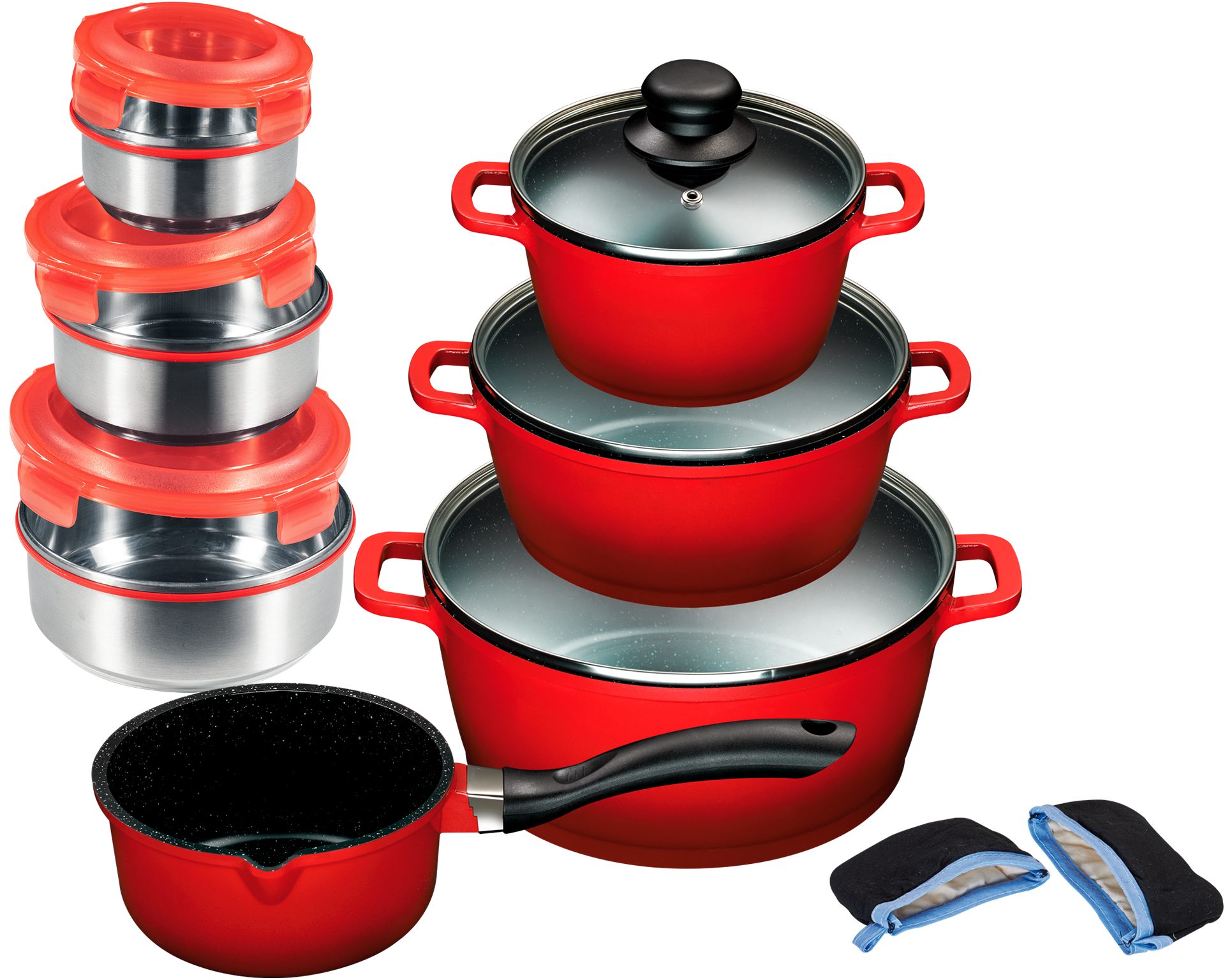 KING Topf-Set Rosenblüte, Aluminiumguss (Set, 15-tlg., je 1 Kochtopf 16/20/24 cm, 1 Stieltopf 16 cm, Schüsselset, Grips), Deckel, Keramik-Antihaft-Beschichtung, Induktion