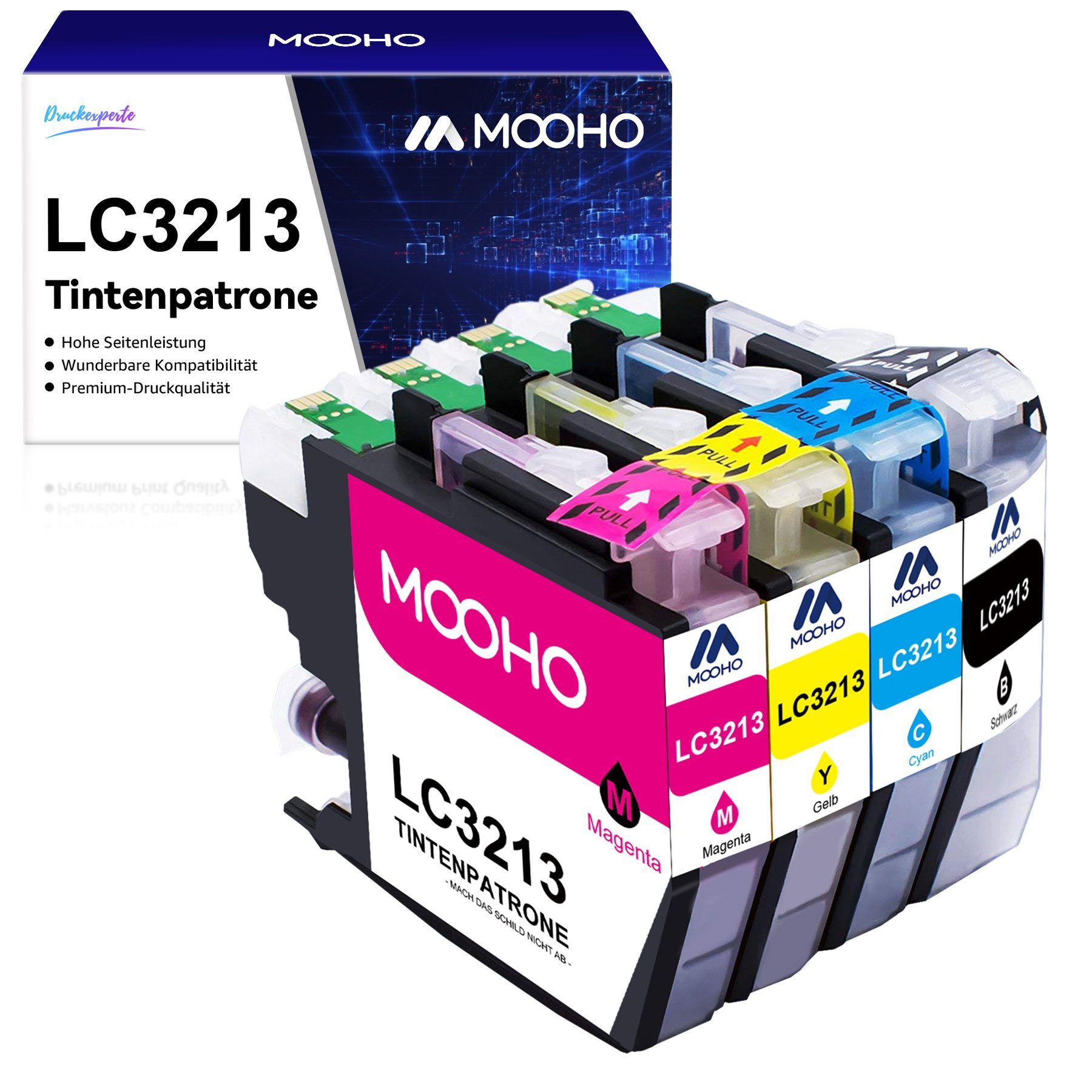 MOOHO Multipack ersetzt Brother LC-3213 LC3213XL Tintenpatrone (für Brother MFC-J491 497DW DCP-J572dw) 1x Schwarz, 1x Cyan, 1x Magenta, 1x Gelb