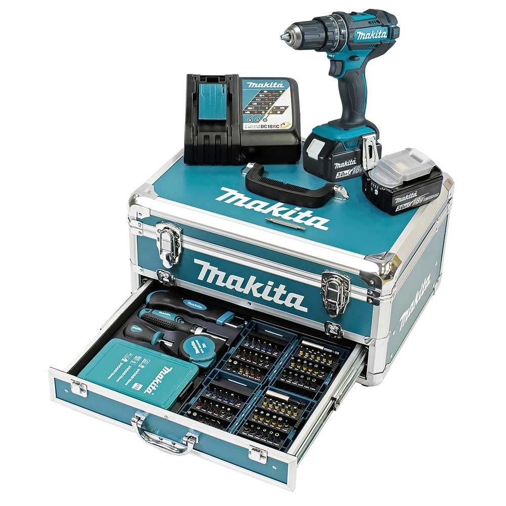 Makita Akku-Schlagbohrschrauber DHP482RFX9, 18 V, max. 1900 U/min, (Komplett-Set, inkl. 2x 18 Volt 3.0 Ah Akku, Schnellladegerät, Bitset, Koffer), Vollmetall-Planetengetriebe, Doppel-LED