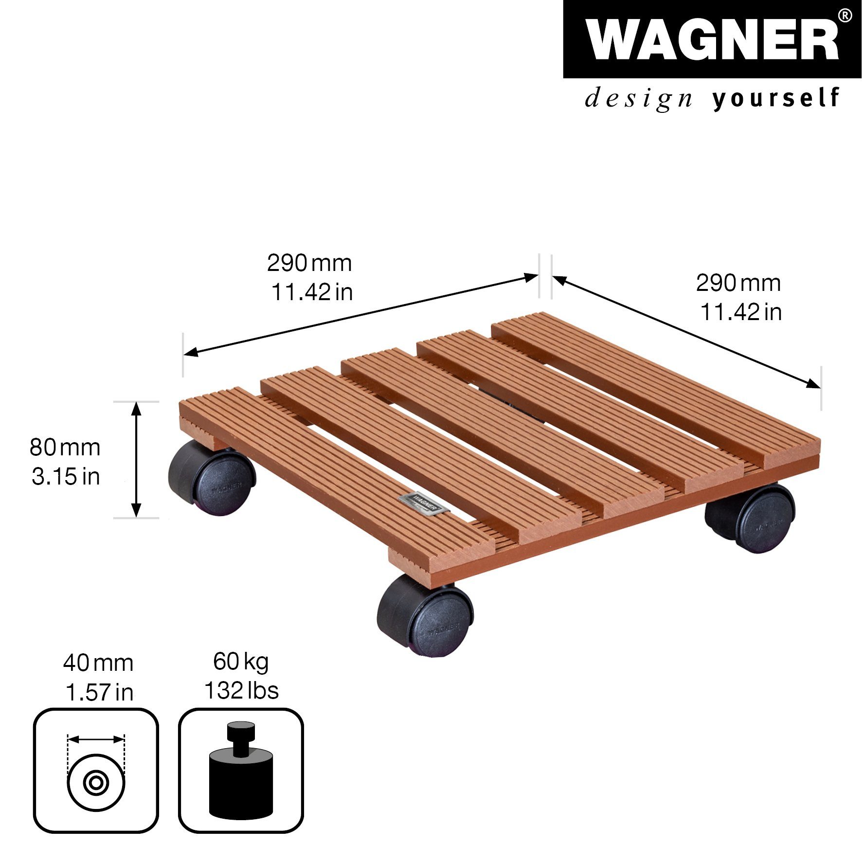 WAGNER design yourself Pflanzenroller WPC in diversen Größen I für Außenbereich + Innenbereich I rund & eckig I aus FSC® Wood Plastic Composite I Rollen mit & ohne Bremsen I mehrere Farben I verschiedene Tragkraften