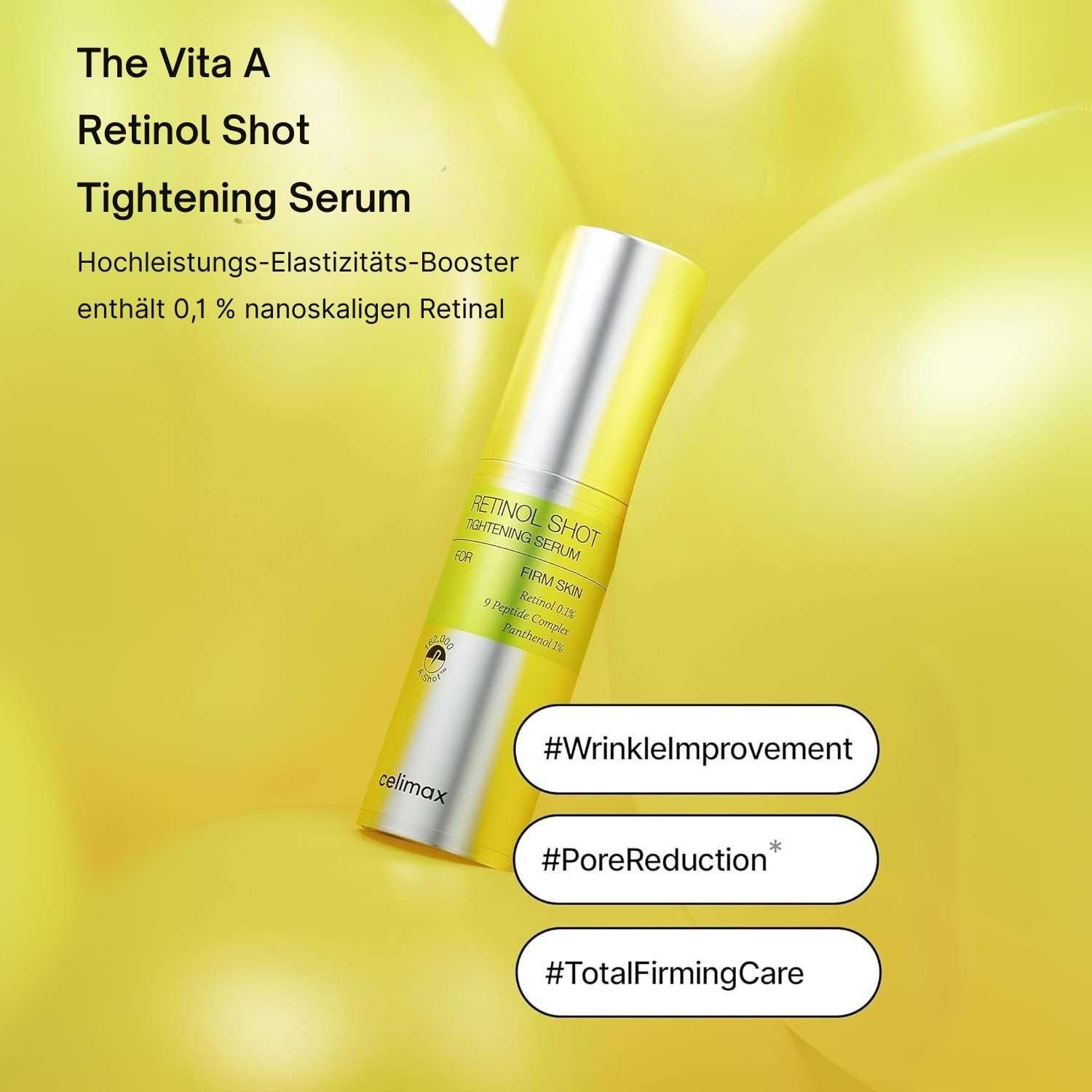 celimax Gesichtsserum The Vita-A Retinol Shot Tightening Serum – Gesichtsserum mit 0,1 % Retinol, 9-Peptid-Komplex, Panthenol, Allantoin & Vitamin E, verfeinert das Hautbild, strafft sichtbar, 30 ml, K-Beauty
