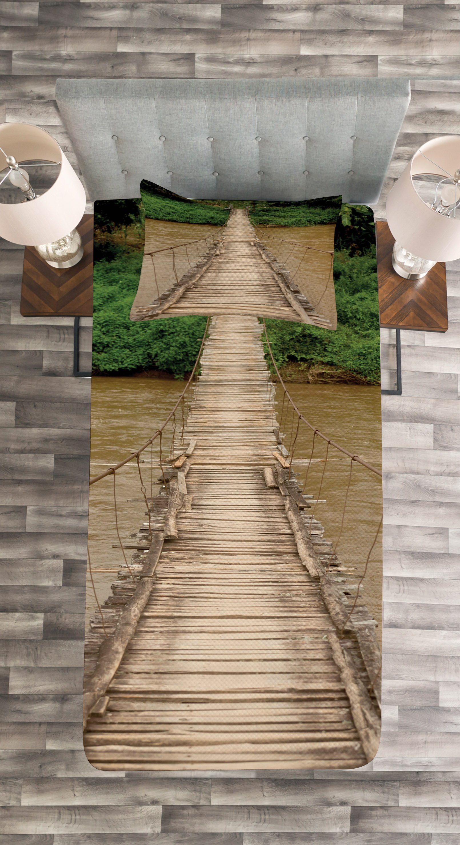 Tagesdecke Abakuhaus, Set Waschbar, Brücke Über in Kissenbezügen Fluss mit Thailand