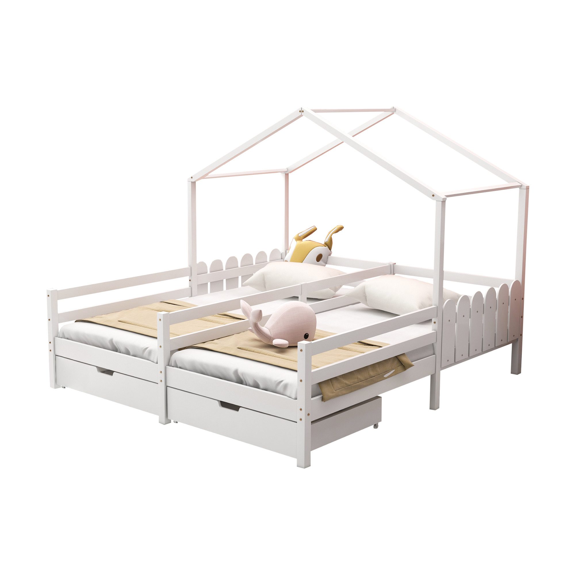 Merax Hausbett 90x200 cm mit zwei Liegefläche und Schubladen, Hausbett mit Rausfallschutz und Lattenrost, Doppelbett, Jugendbett