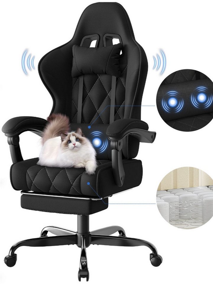 HOMALL Gaming-Stuhl Massage-Bürostuhl aus Stoff mit Fußstütze und Kopfstütze (Katzenkrallen-abweisendes Gewebe, mit abnehmbarem Kopfkissen und Federkern-Sitzkissen, maximale Belastbarkeit 150 kg)