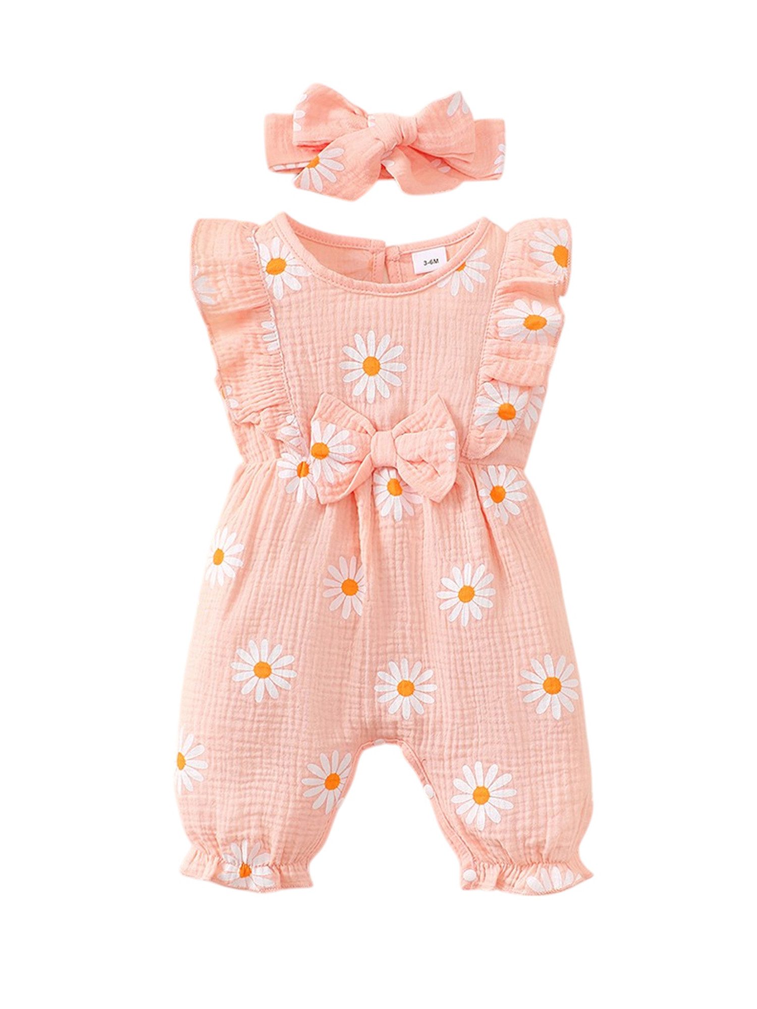 Lapastyle Strampler Baby Sommer Outfit Set, Bodysuit mit Rüschen und Gänseblümchen Muster (Set, 2-tlg) Jumpsuit & Haarband Set, 100% Baumwolle, Schleifendekor, Lässig, Süß