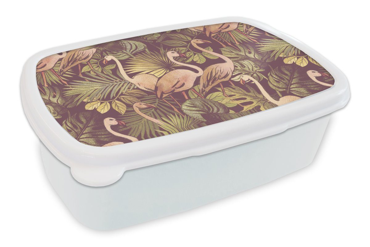 MuchoWow Lunchbox Vintage - Flamingo - Blätter - Dschungel - Muster, Kunststoff, (2-tlg), Brotbox für Kinder und Erwachsene, Brotdose, für Jungs und Mädchen weiß