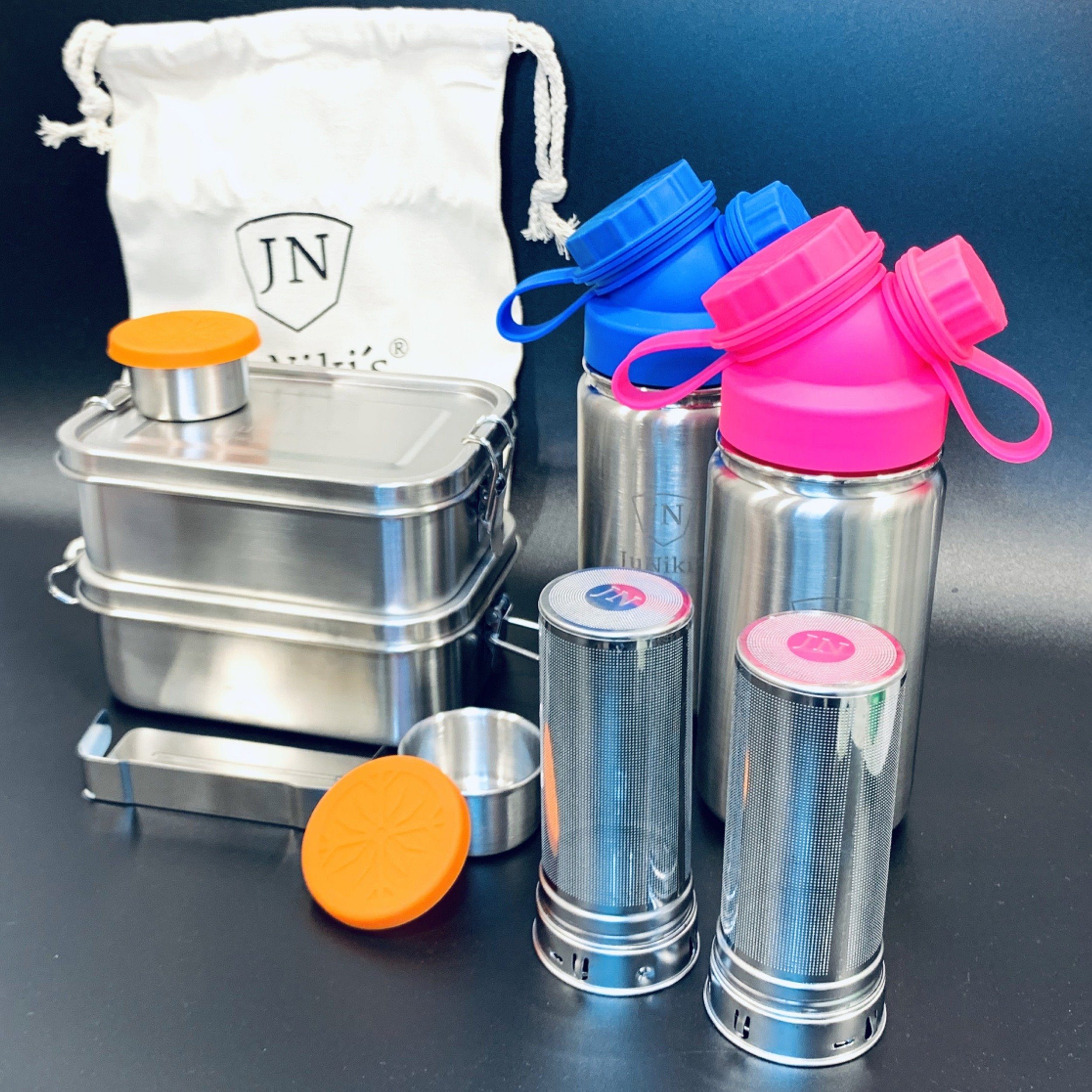 JN JuNiki´s Lunchbox Perfekt für die Schule: Auslaufsicher & Geschirrspüler-geeignet, Edelstahl, Einschulungs-Spar-Set aus Edelstahl: Je 2x JuNiki´s® Lunchbox + Trinkflasche isoliert 420ml + Teefilter Blau-Pink