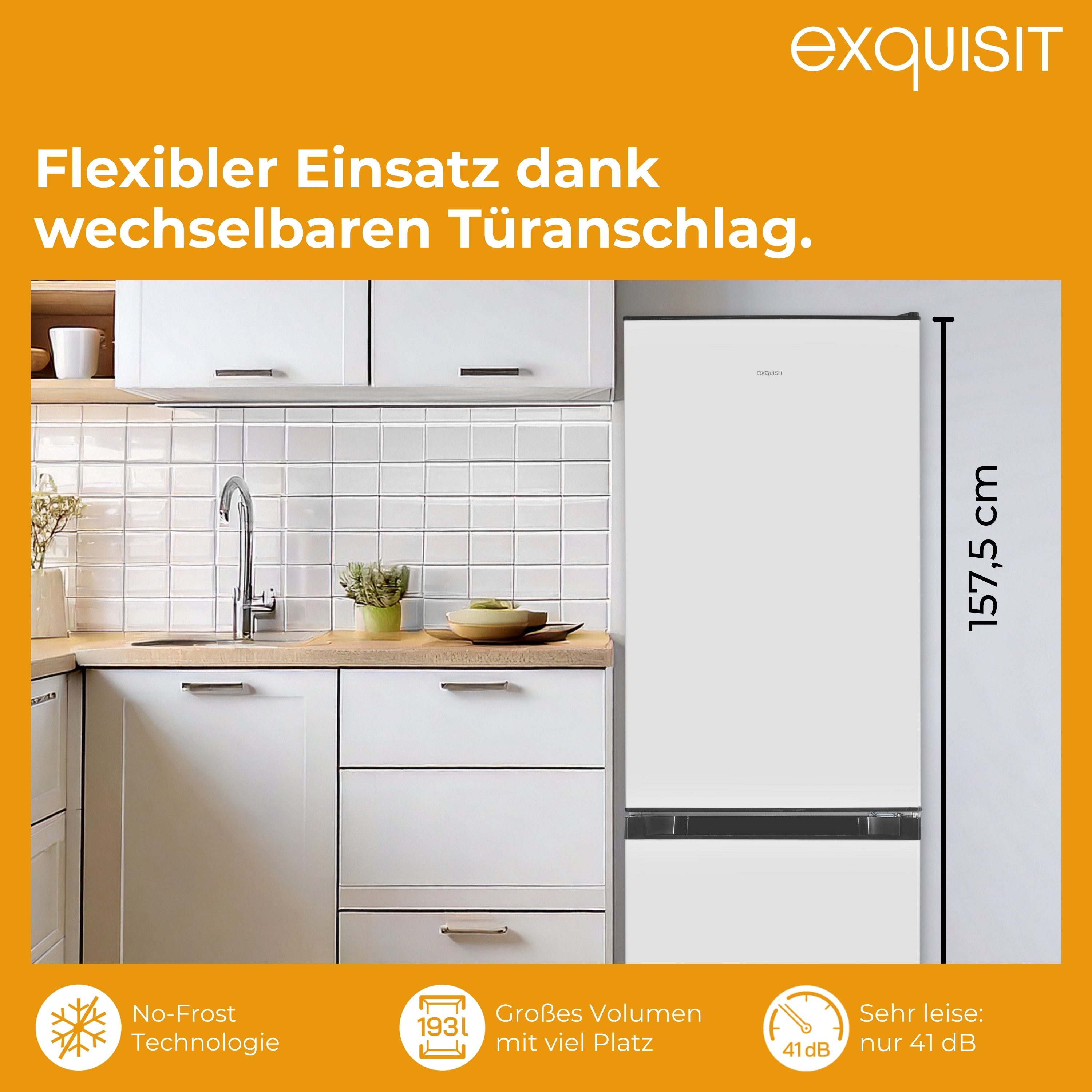 exquisit Kühl-/Gefrierkombination KGC5195-65-NF-330E, 157.5 cm hoch, 48.5 cm breit, No-Frost-Technik, LED-Beleuchtung, wechselbarer Türanschlag
