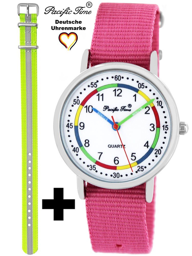 Pacific Time Quarzuhr Set - Design rosa Versand Armbanduhr First gelb Match Reflektor Wechselarmband, Gratis und und Lernuhr Mix Kinder