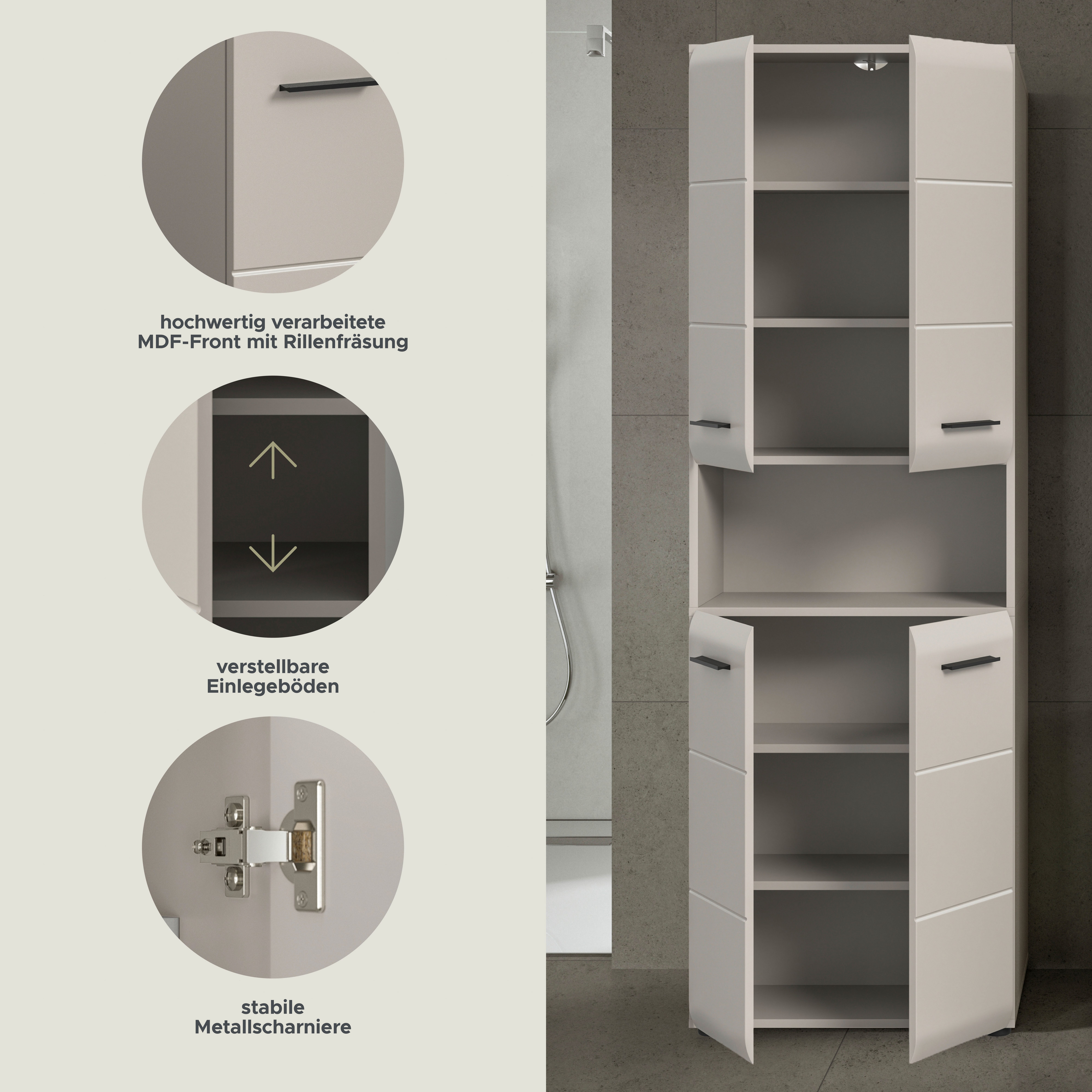 welltime Stauraumschrank FLORENZ, Höhe 185 cm, 4 oder 6 Türen, viel Stauraum (1-St., TOPSELLER) hochwertige MDF Front, Griff schwarz, Badschrank, Bad