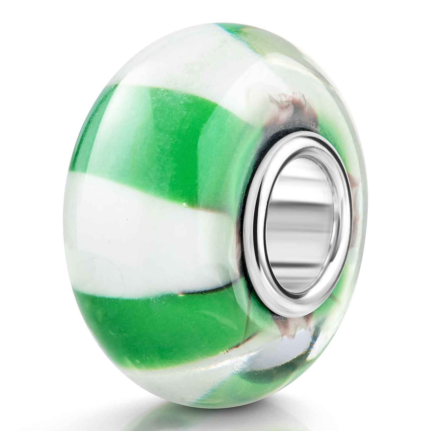 Bead Glas Charm mit Streifen Design breite Linien Grün Weiß 817
