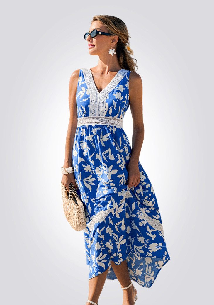 Cupshe Strandkleid Blumenkleid mit V-Ausschnitt Spitzendetail Midi