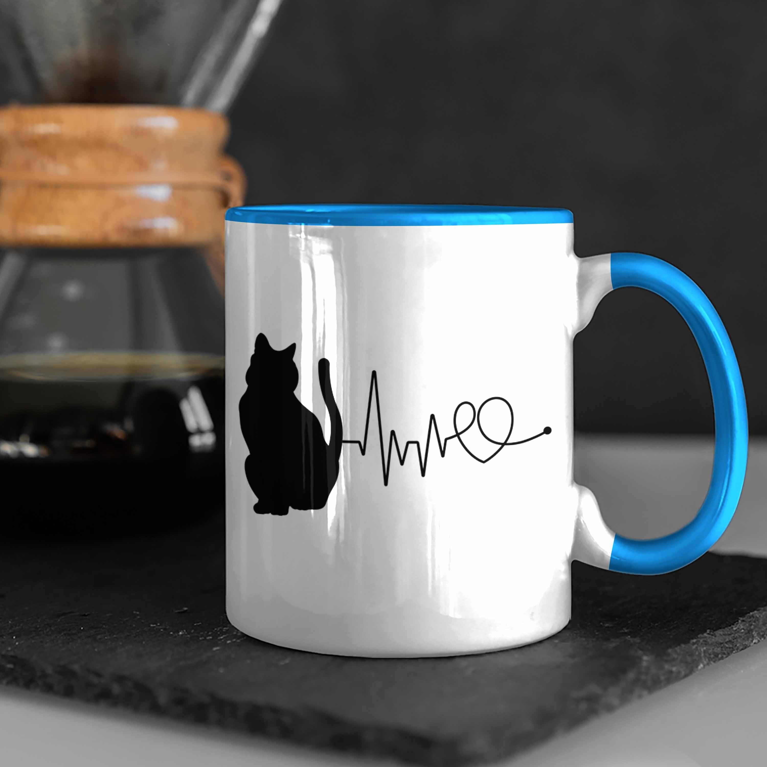 Trendation Tasse Katze Herzschlag Katzenbesitzerin Tasse Blau für Kaffee-Becher Geschenk