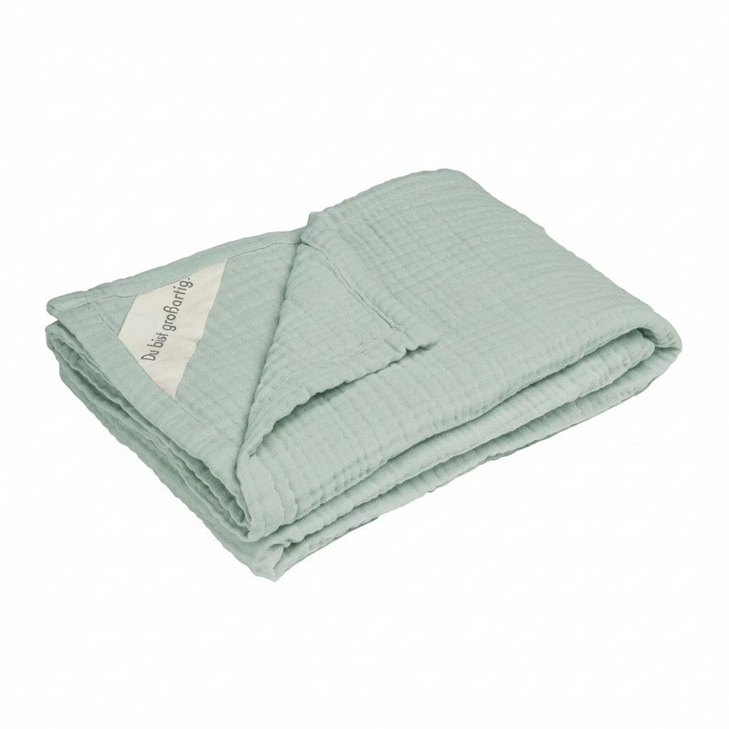 Babydecke Musselin Decke 100 cm x 75 cm Heller Eukalyptus, Moyo, 4-lagiges Musselin, 100% plastikfrei, 100cm x 75cm