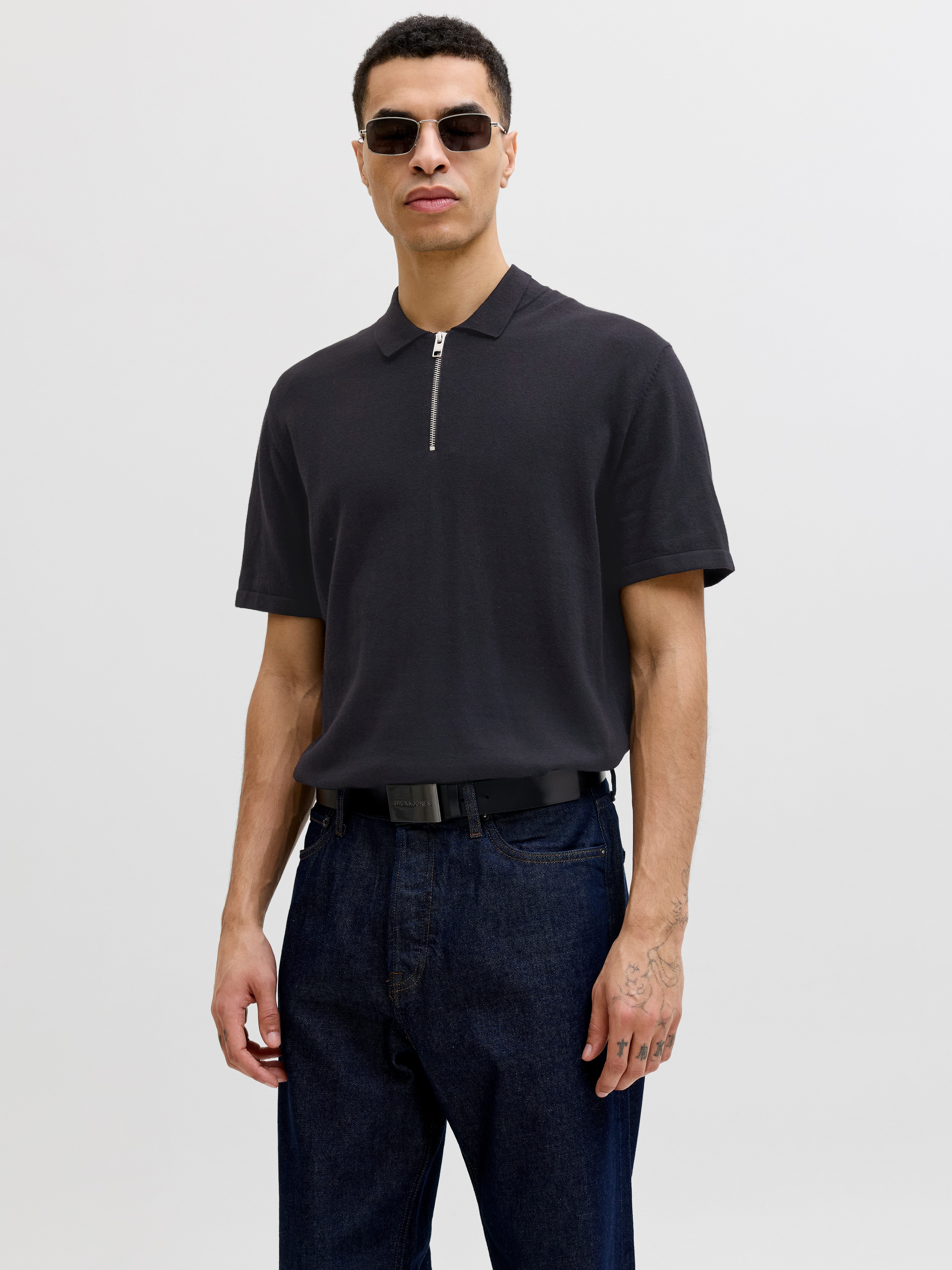 Jack & Jones Kurzarmpullover JJEEMIL KNIT ZIP POLO SS SN mit kurzem Reißverschluss