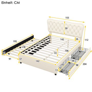 DOPWii Bett 140*200cm (90*190cm)Doppelbett,Podestbett mit Rollbett,2 Schubladen,PU, Weiß/Beige