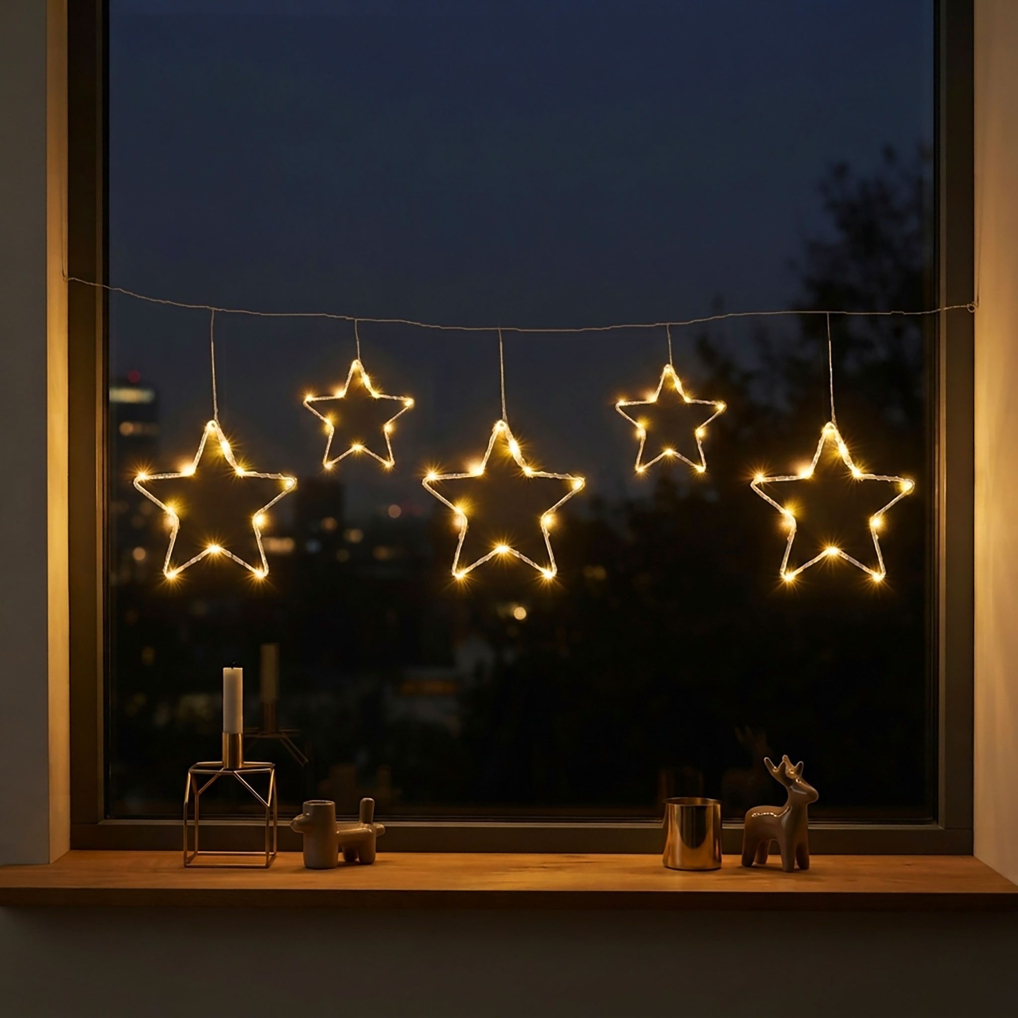 Spetebo LED-Lichtervorhang LED Lichtervorhang mit 5 Metall Sternen warm weiß, 5-flammig, 120 cm Länge - Weihnachten Fenster Beleuchtung mit Timer Batterie – Bild 3 von 5