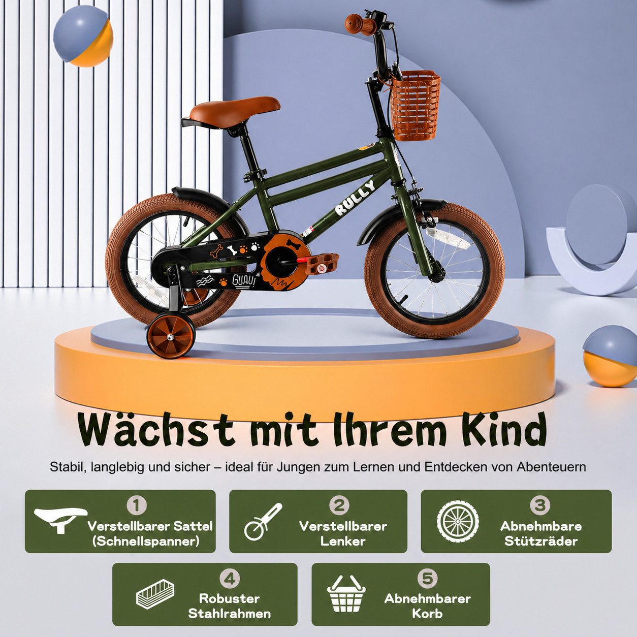 RULLY Kinderfahrrad Kinderfahrrad für Jungen 12/14/16 Zoll, 2–7 Jahre, 1 Gang, Mit Korb, Stützrädern, Schutzblechen & Klingel
