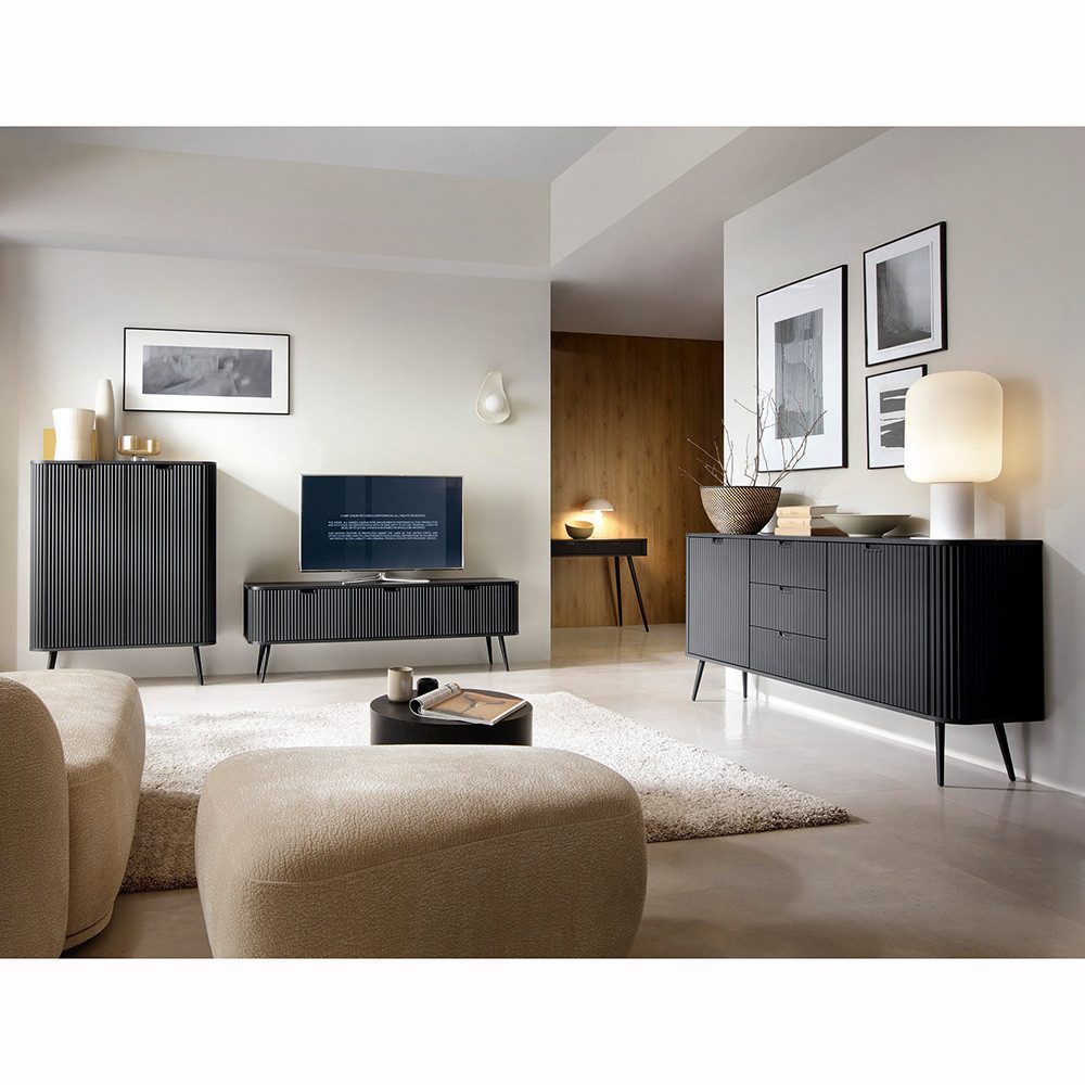 Lomadox Wohnzimmer-Set ZARA-160, (Mega-Spar-Set, 4-St., Sideboard Lowboard Konsolentisch Highboard), in schwarz gerillt mit Rillen Metallfüße Wohnzimmerschränke