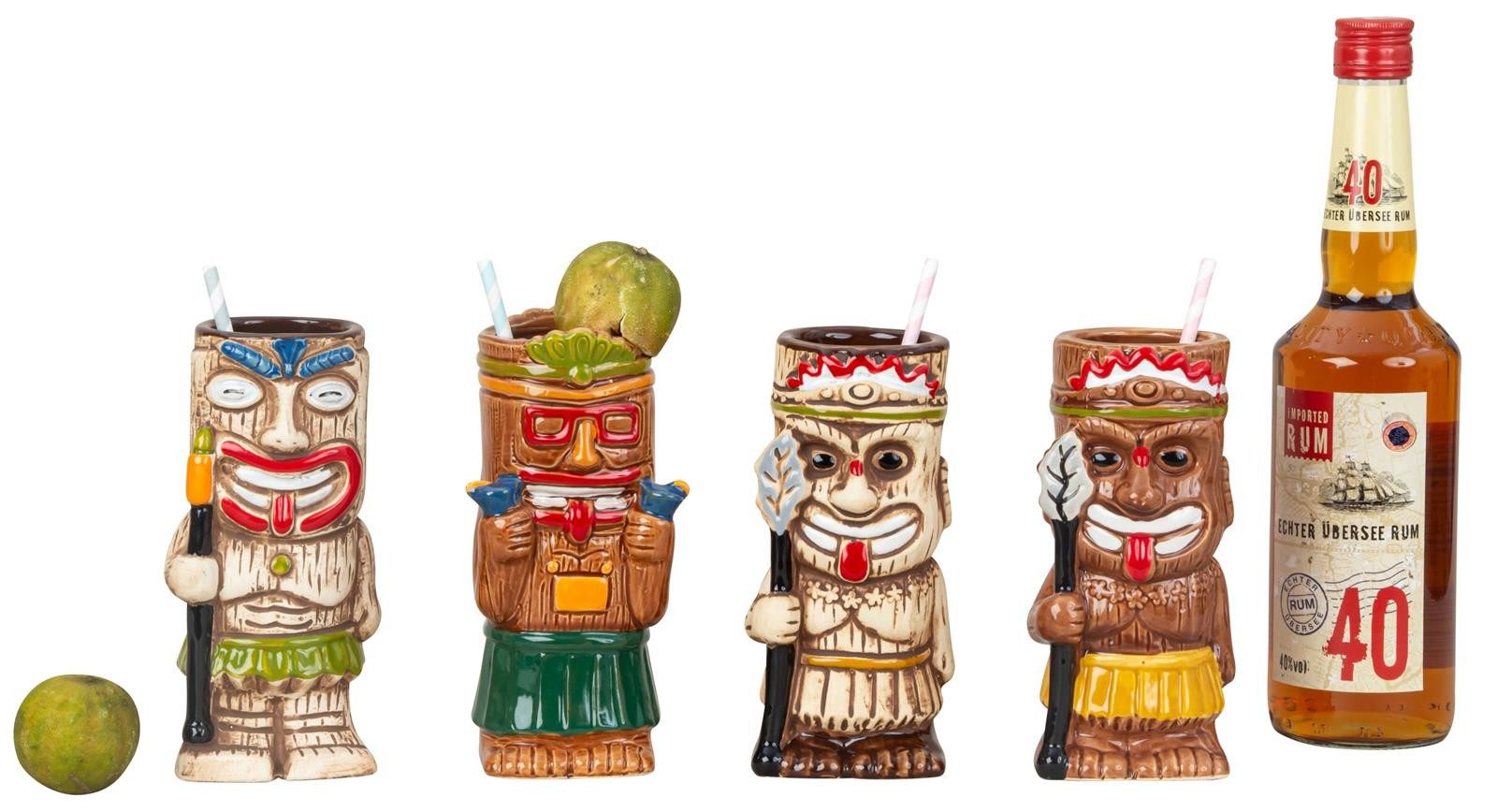 Geschenkestadl Cocktailglas 4 x Tiki Cocktail Becher 440-550ml Keramik Tassen Cocktailglas Hawaii