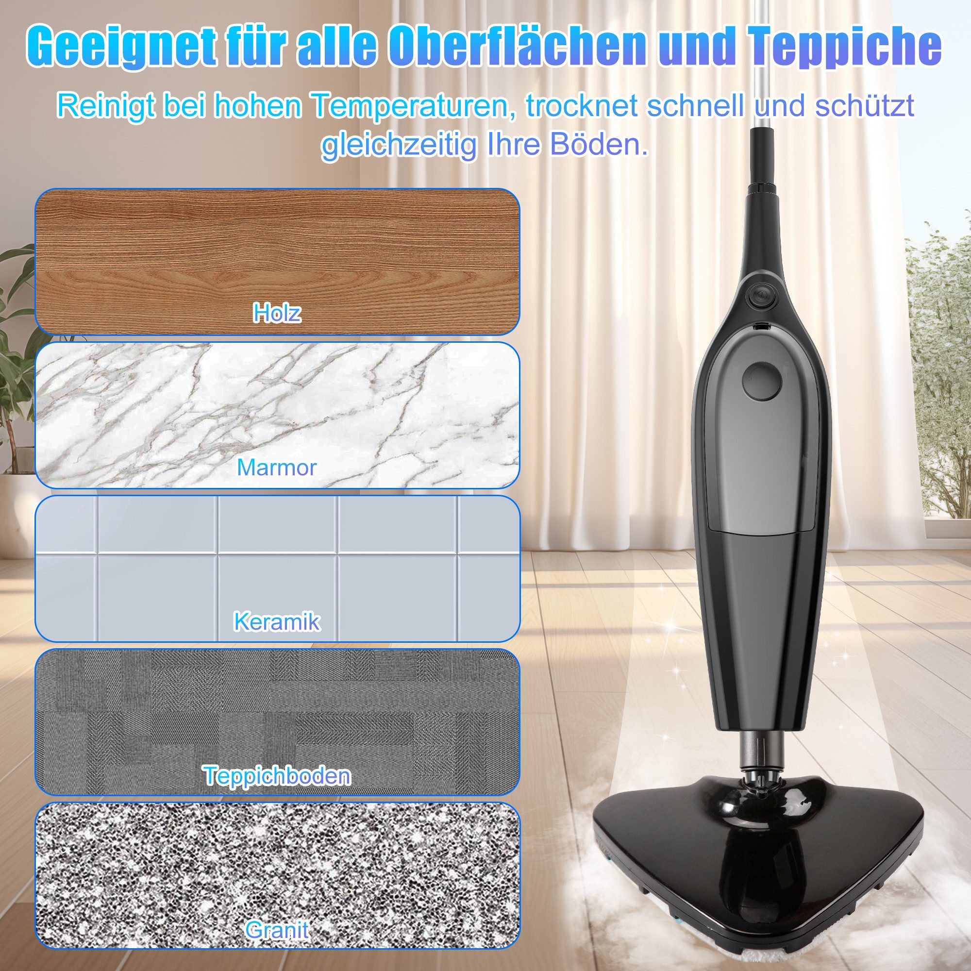 ibettertec Dampfreiniger 9-in-1-Dampfreiniger, Dampfmopp mit Mikrofaserpad, 2000 W, Aufheizzeit: 30 Sekunden, 400ml Wassertank, Hygienische Bodenreinigung ohne Chemie, Entfernt bis zu 99,9 % von Bakterien & Viren - Für alle Böden