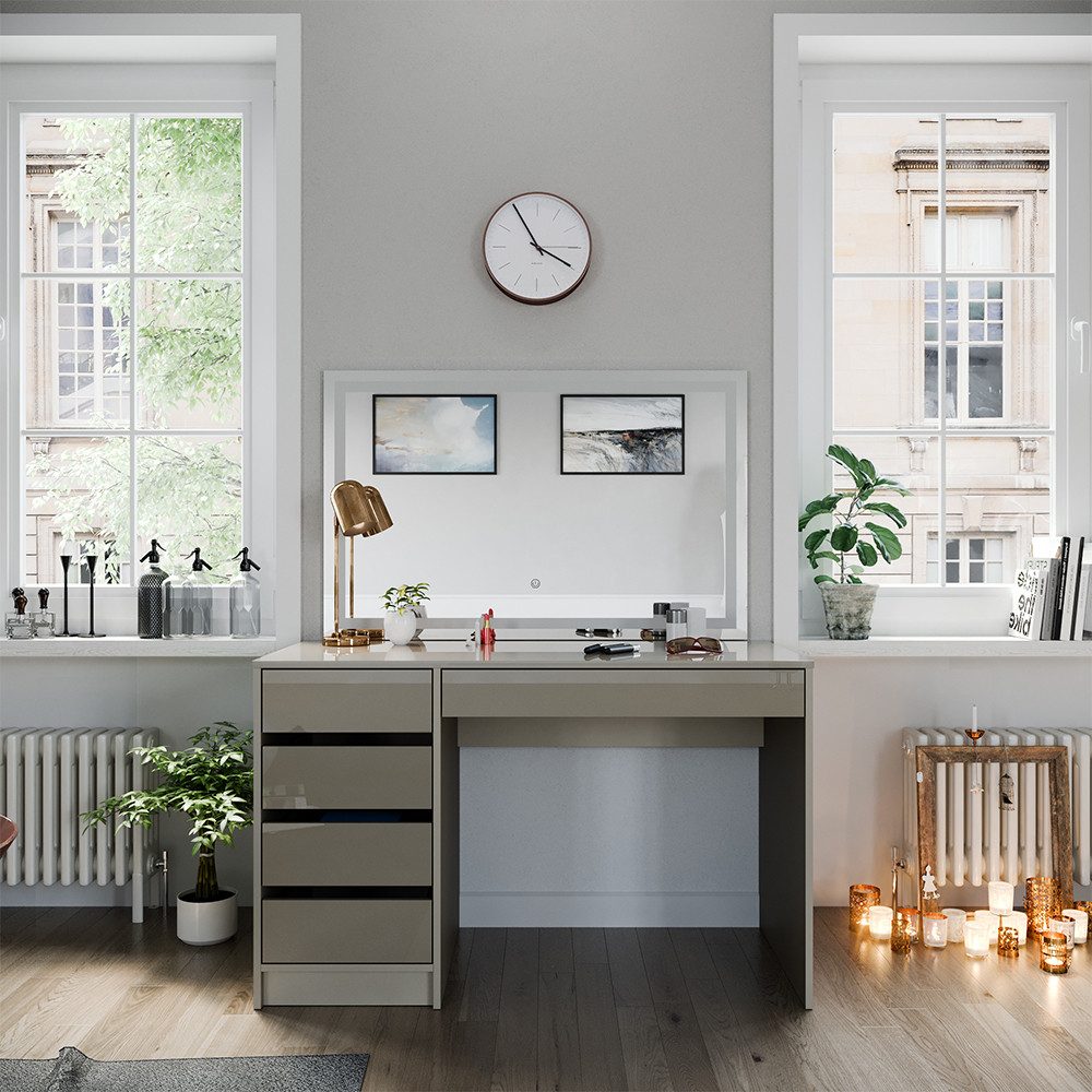 Vicco Schminktisch Sherry, Greige Hochglanz, 120 cm mit LED-Spiegel günstig online kaufen
