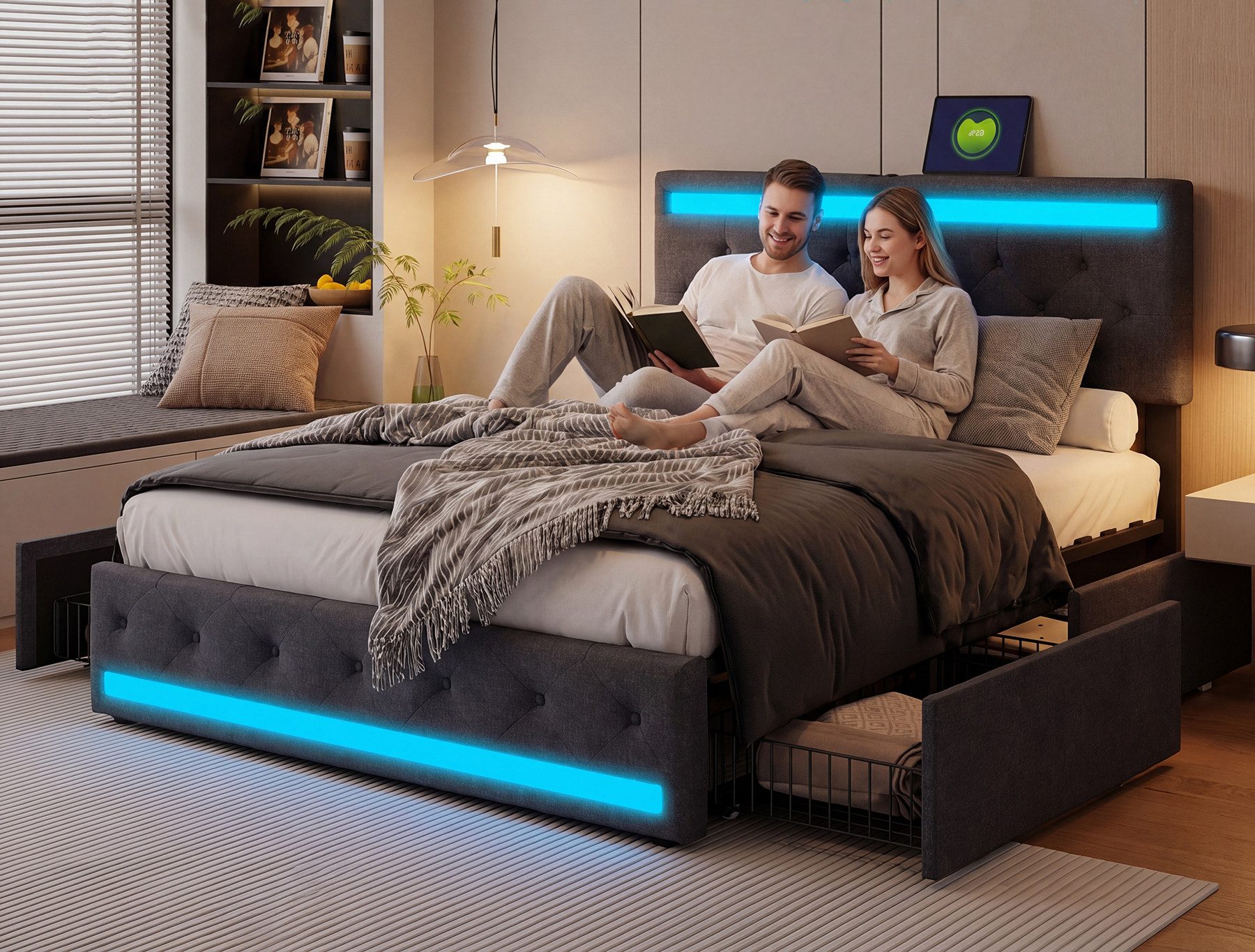 zebery Stauraumbett Polsterbett Doppelbett mit LED Licht USB+Typ-C (Packung, 1-tlg., Jugendbett), 140x200 cm,Leinenstoff,Mit Kopfteil und Bettgestell,Grau