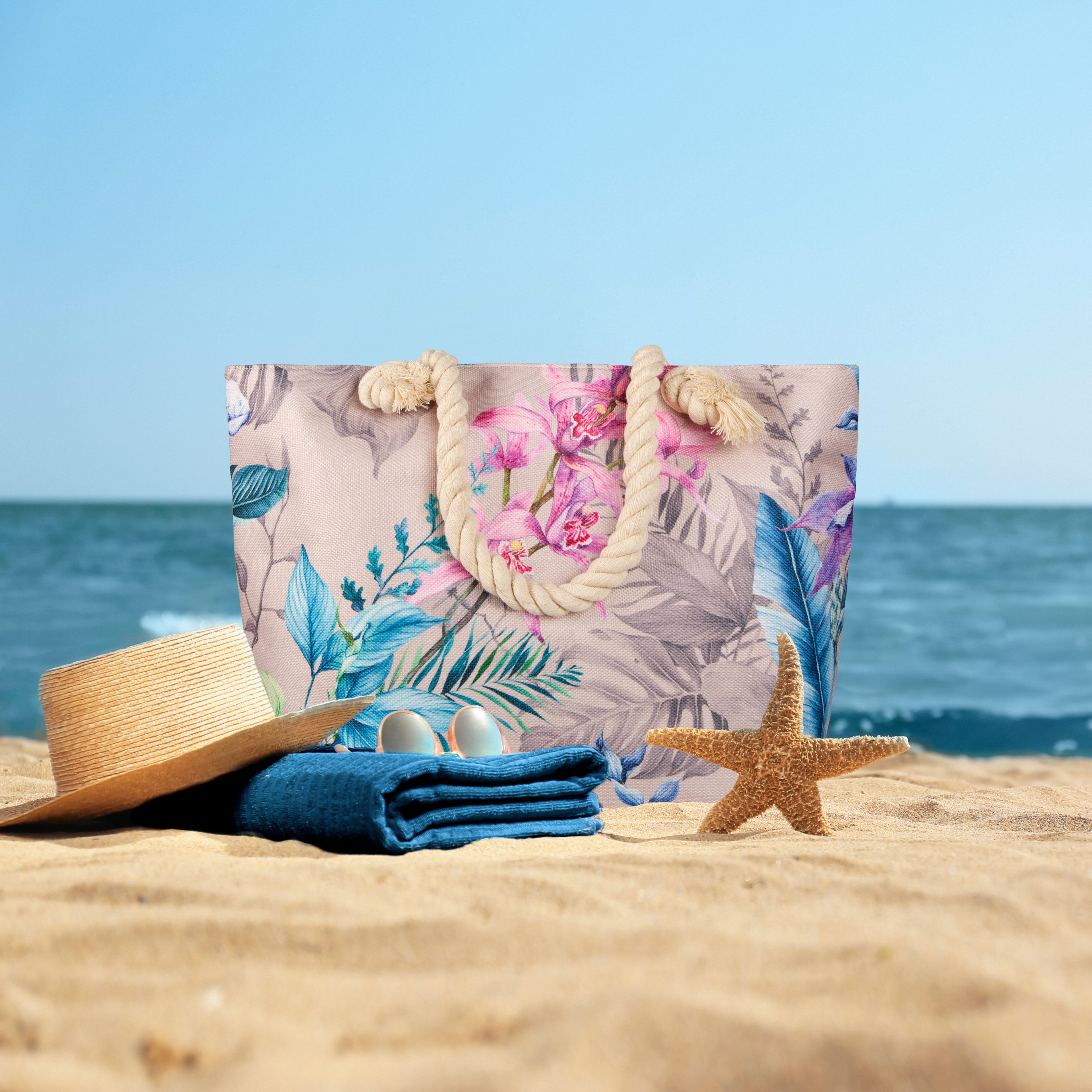 Descanso Freizeittasche Tasche 43x60 cm Gewebtes Polyester Mae Blumen natur (Spar-Set, 1-tlg., Set), 1 x Tasche Descanso 43x60 cm natur