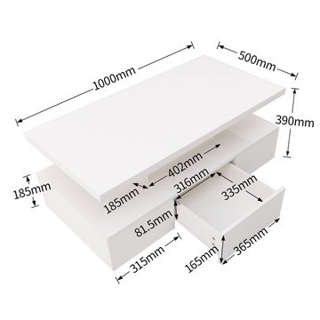 HAUSS SPLOE Couchtisch mit Schubladen, LED-Licht und 2 Ablageebenen, Hochglanz, Weiß