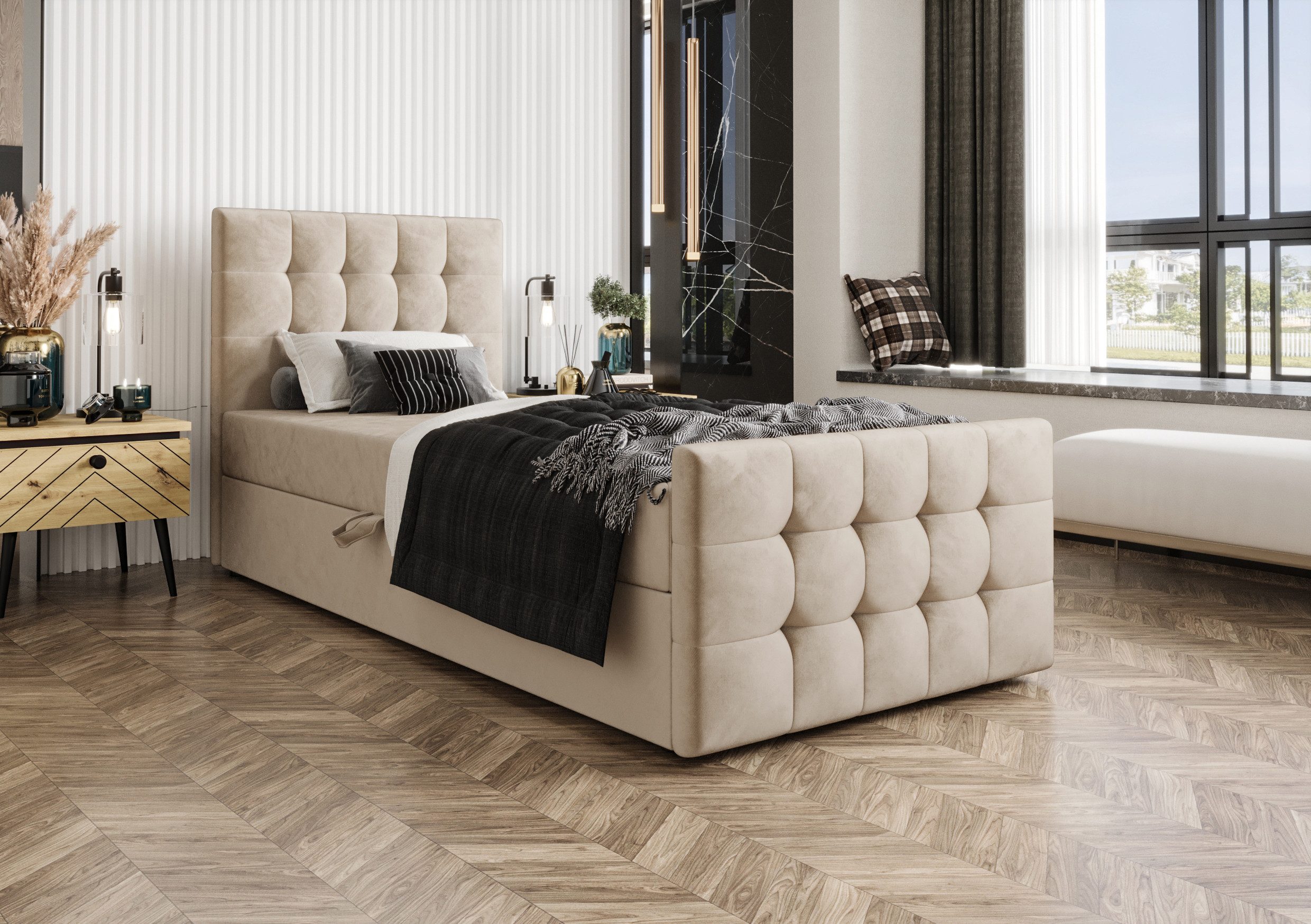 B&B Home Boxspringbett Boxbett Coria V 80 90 100 cm (H3 Matratze Bonellfederung, Kopfteil, Fussteil und Bettkasten)